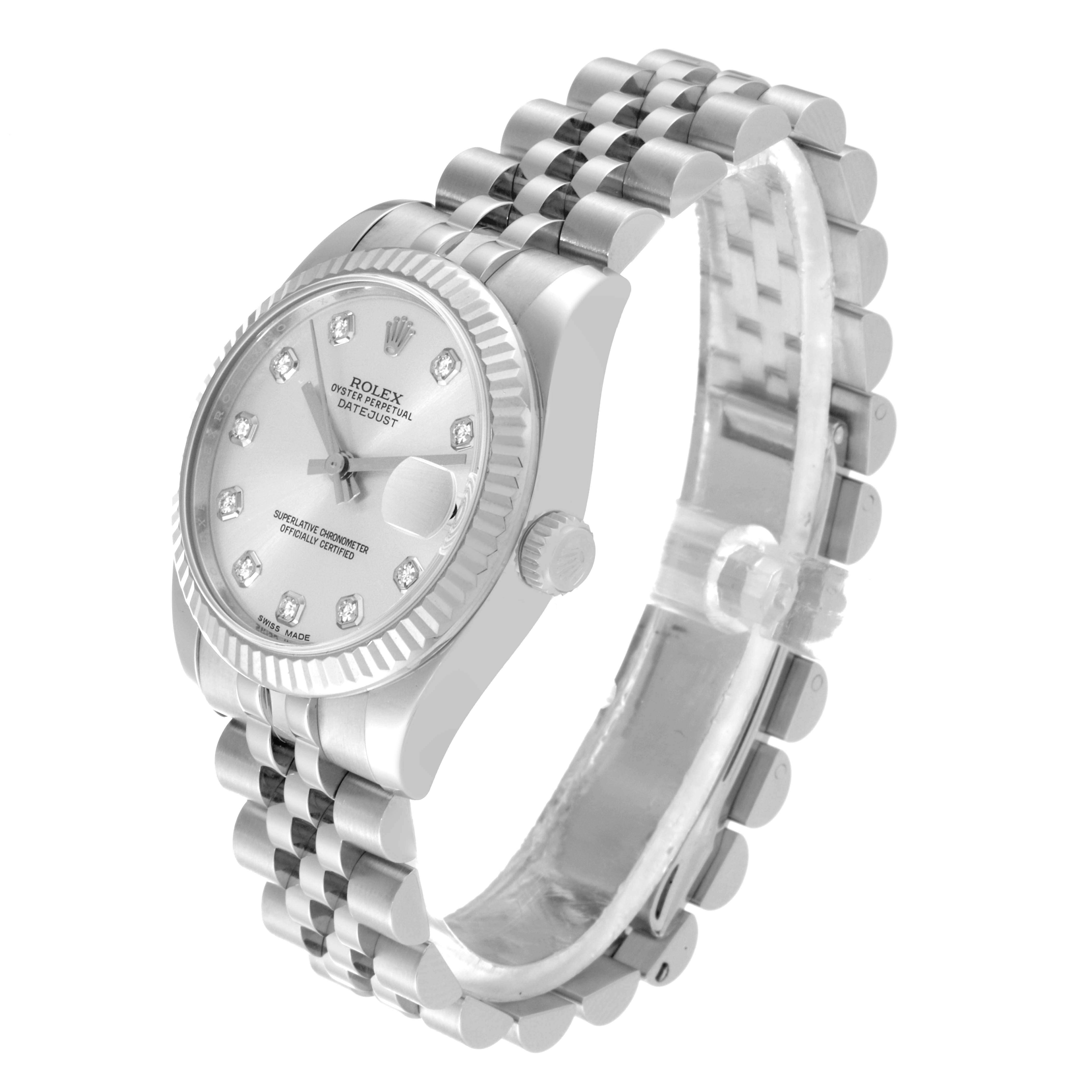 The image shows a side angle of a Rolex Mid-Size 178274 Women
s Stainless Steel Silver Dial 178274 Women
s Stainless Steel Silver Dial watch featuring its dial, bezel, crown, and part of the bracelet.