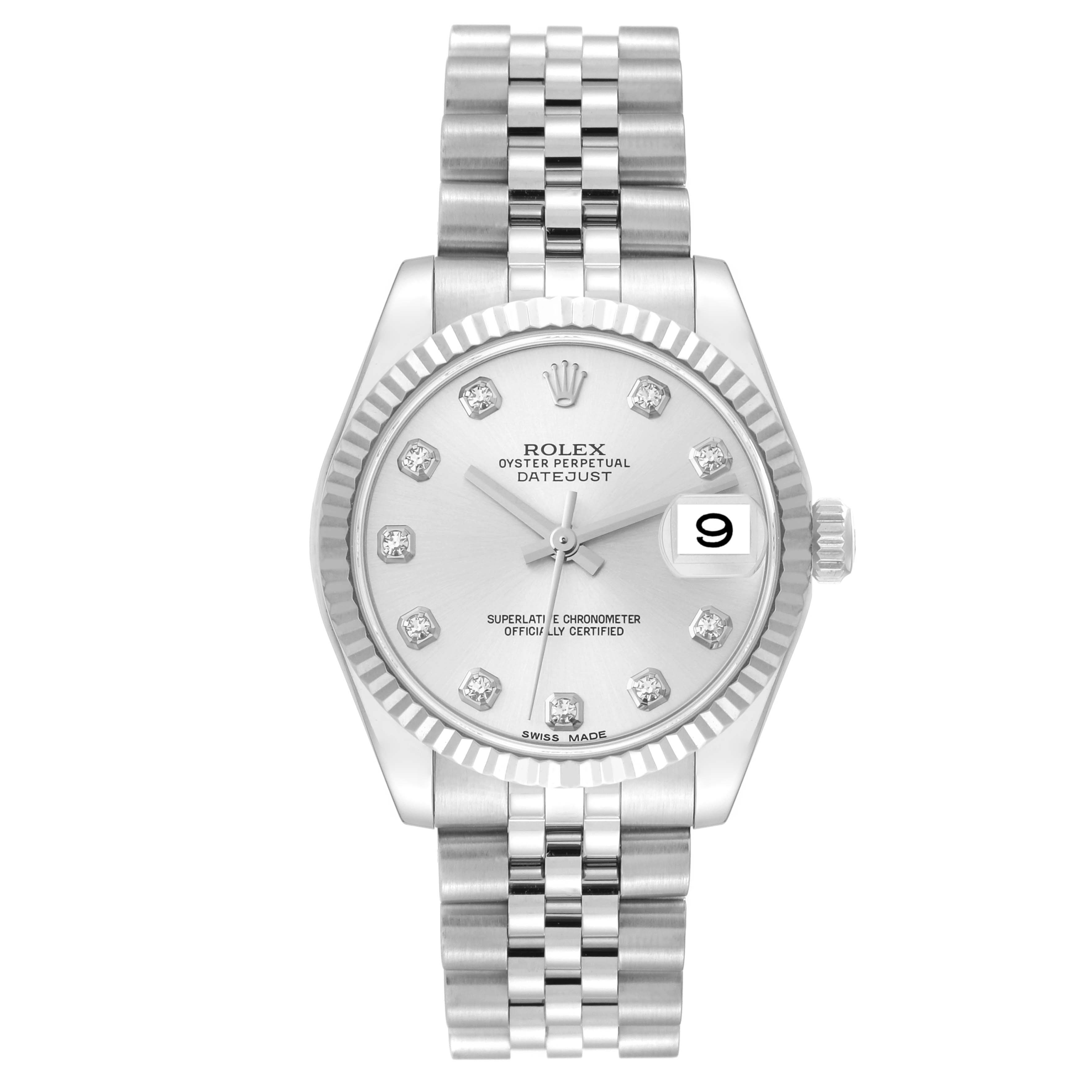 The image shows a front view of the Rolex Mid-Size 178274 Women
s Stainless Steel Silver Dial 178274 Women
s Stainless Steel Silver Dial Oyster Perpetual Datejust watch with a silver dial and date window at 3 o
clock.