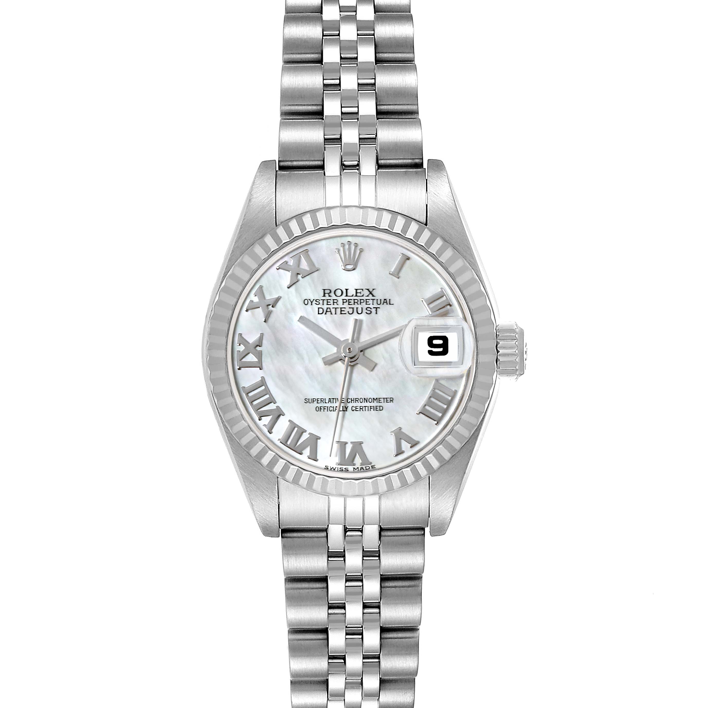 The Rolex Datejust 79174 Women's Stainless Steel Mother of Pearl Dial 79174 Women's Stainless Steel Mother of Pearl Dial watch is shown from a front view, displaying the dial, bezel, bracelet, and date feature.