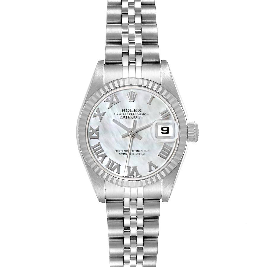 The Rolex Datejust watch is shown from a front view, displaying the dial, bezel, bracelet, and date feature.