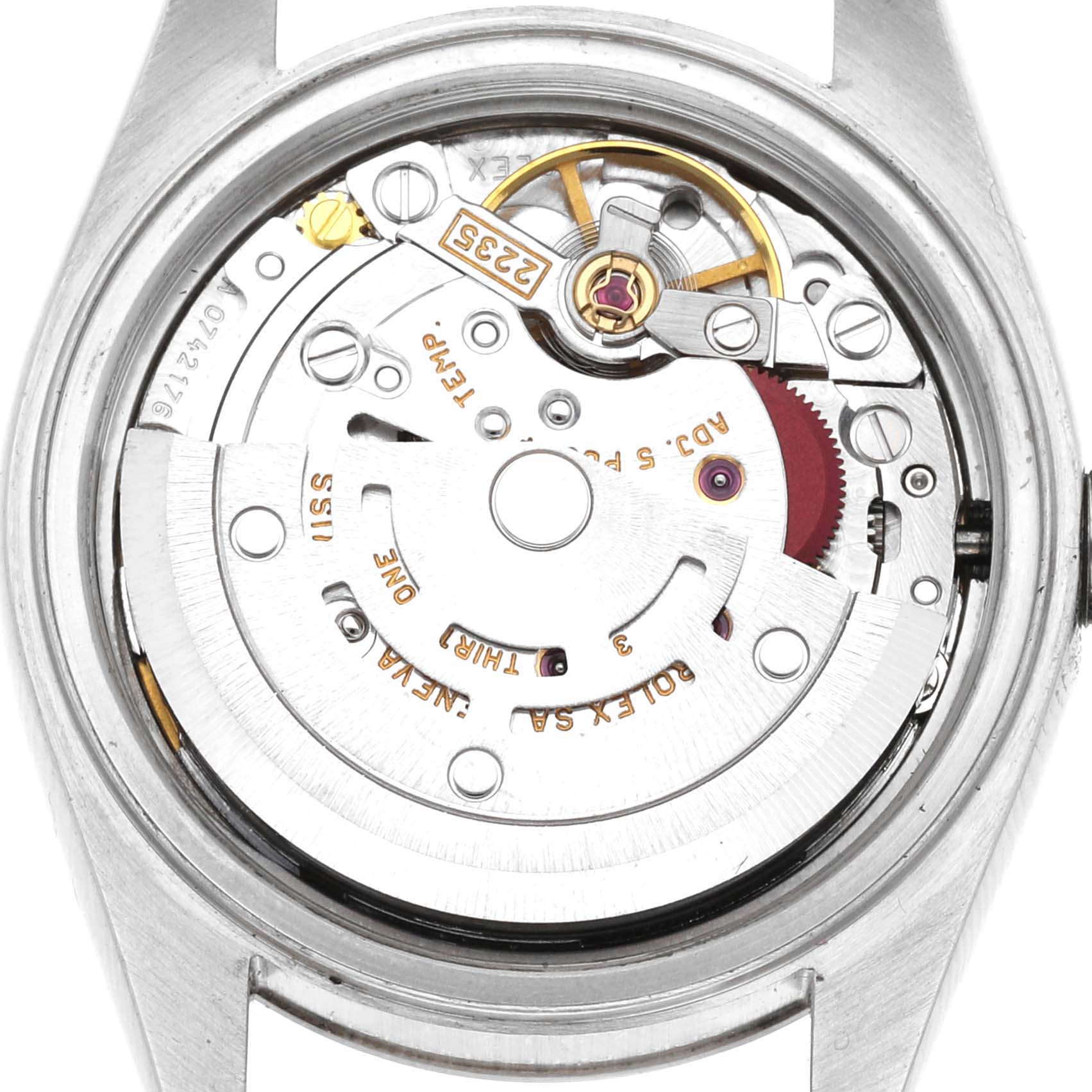 The image shows the back view of a Rolex Datejust 79174 Women's Stainless Steel Mother of Pearl Dial 79174 Women's Stainless Steel Mother of Pearl Dial watch, displaying its intricate internal movement and mechanism.