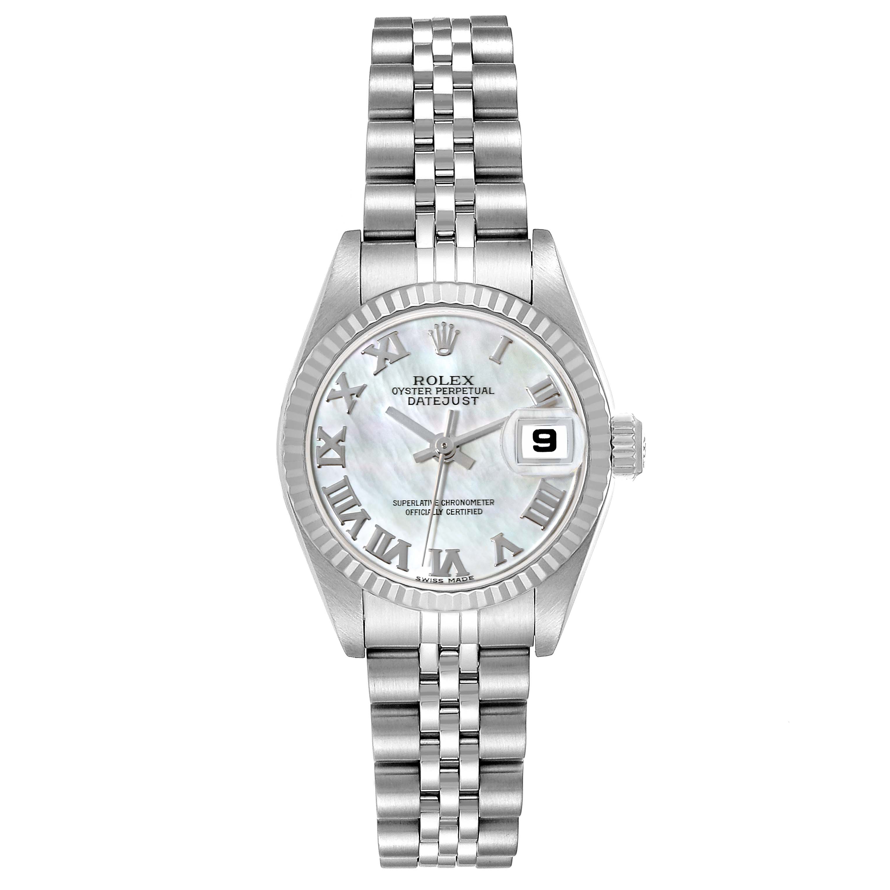 The image shows a front view of a Rolex Datejust 79174 Women's Stainless Steel Mother of Pearl Dial 79174 Women's Stainless Steel Mother of Pearl Dial watch, highlighting its face, bracelet, and clasp.