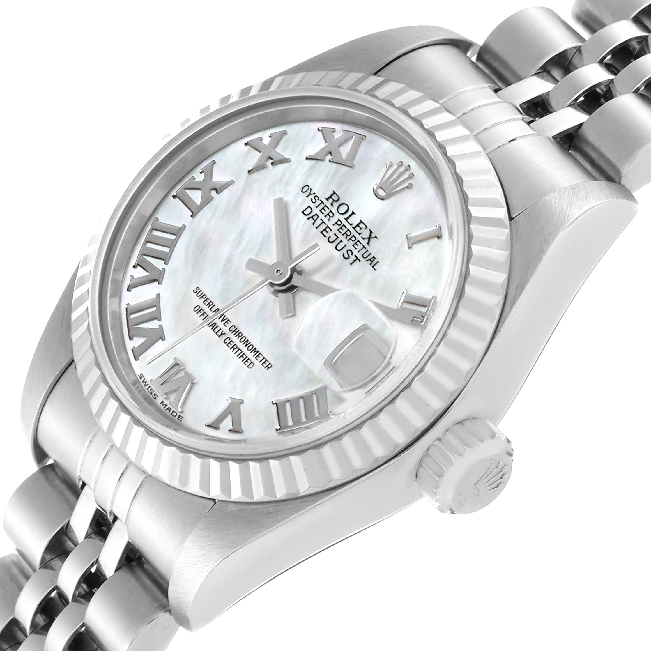 This image shows a Rolex Datejust 79174 Women's Stainless Steel Mother of Pearl Dial 79174 Women's Stainless Steel Mother of Pearl Dial watch at an angled view, highlighting the face, bezel, and part of the bracelet.