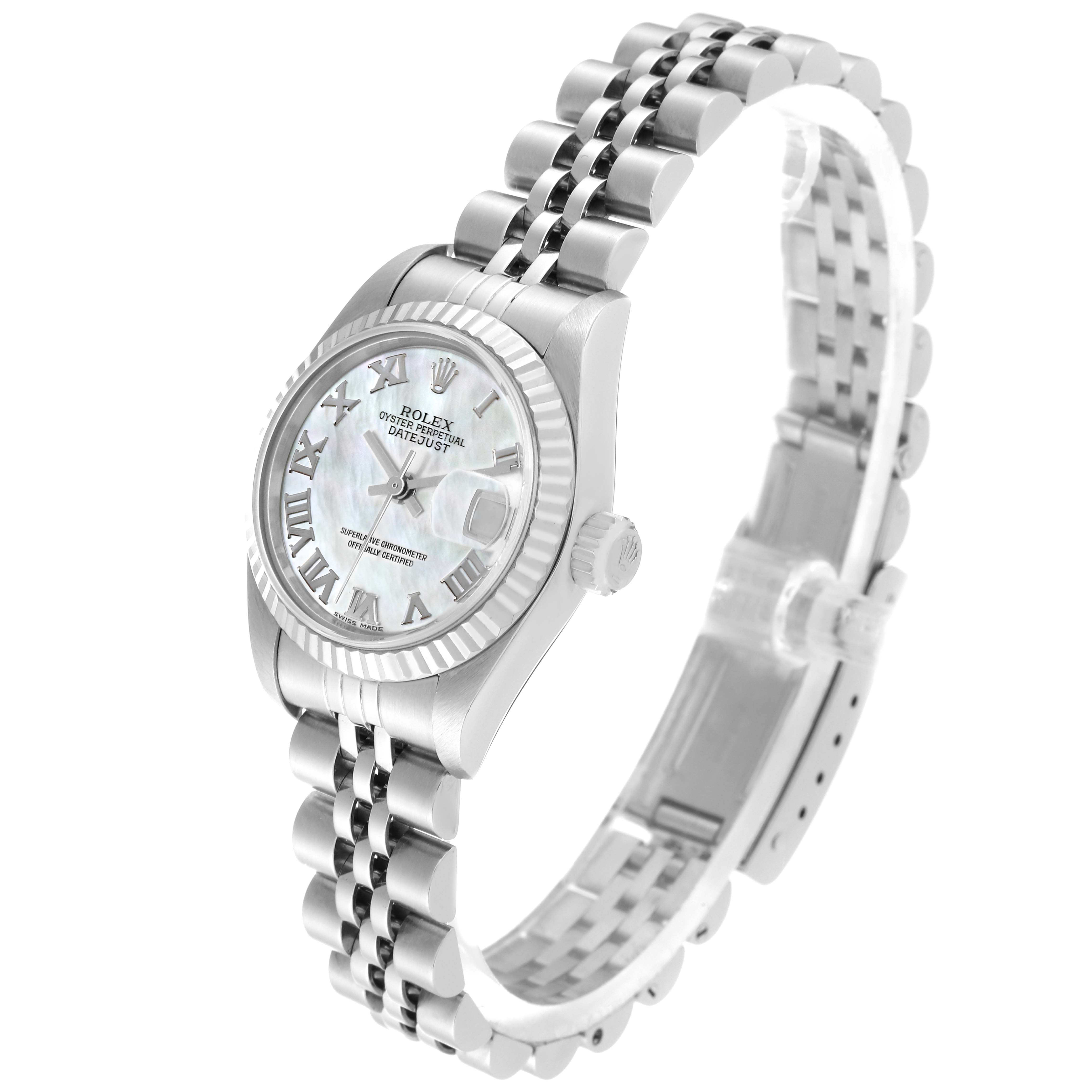 The image shows a Rolex Datejust 79174 Women's Stainless Steel Mother of Pearl Dial 79174 Women's Stainless Steel Mother of Pearl Dial watch at a side angle, highlighting the face, bracelet, and crown.