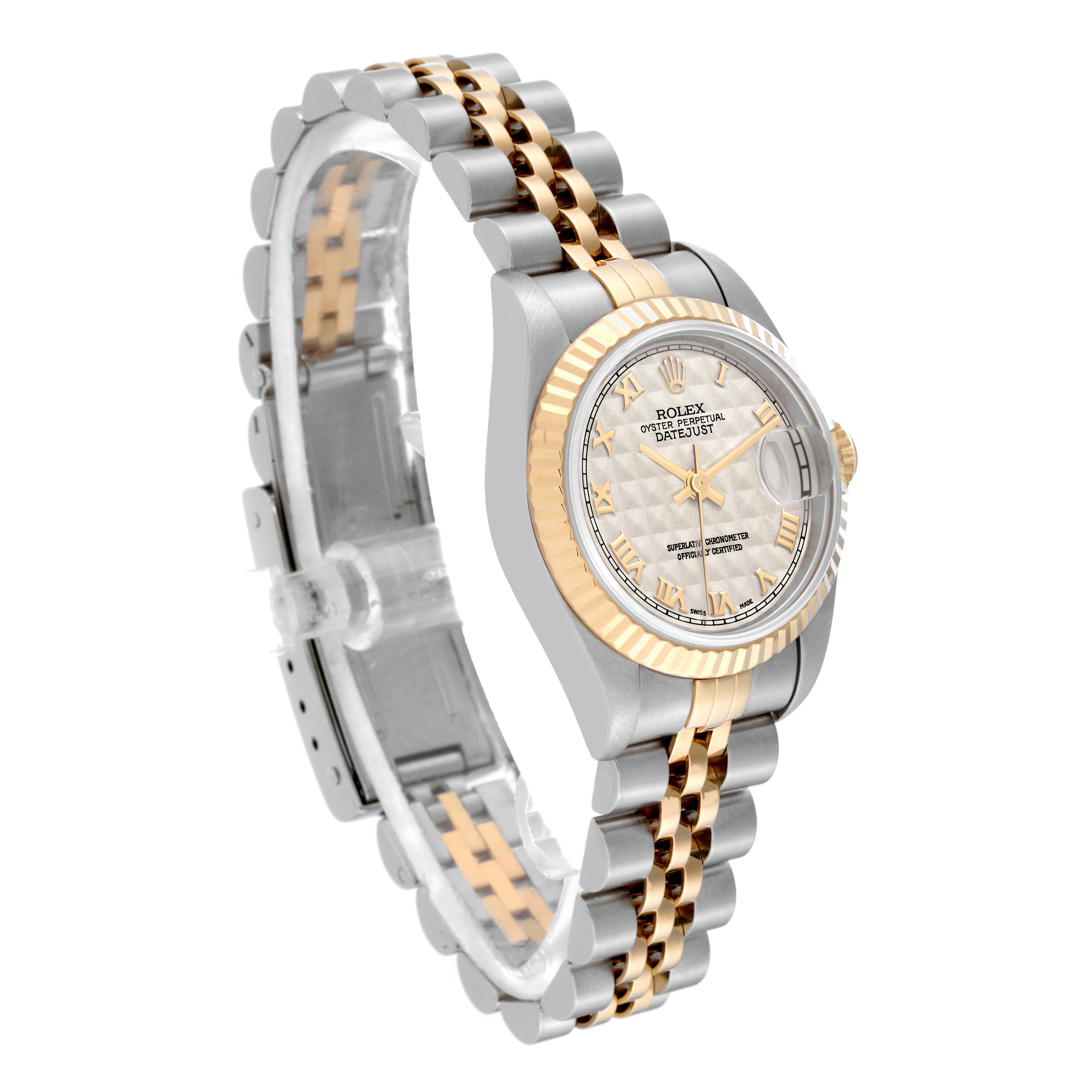 The image shows a Rolex Datejust 69173 Women's Steel and Gold (two tone) White Dial 69173 Women's Steel and Gold (two tone) White Dial watch at a three-quarter angle, displaying its dial, bezel, case, and two-tone bracelet.