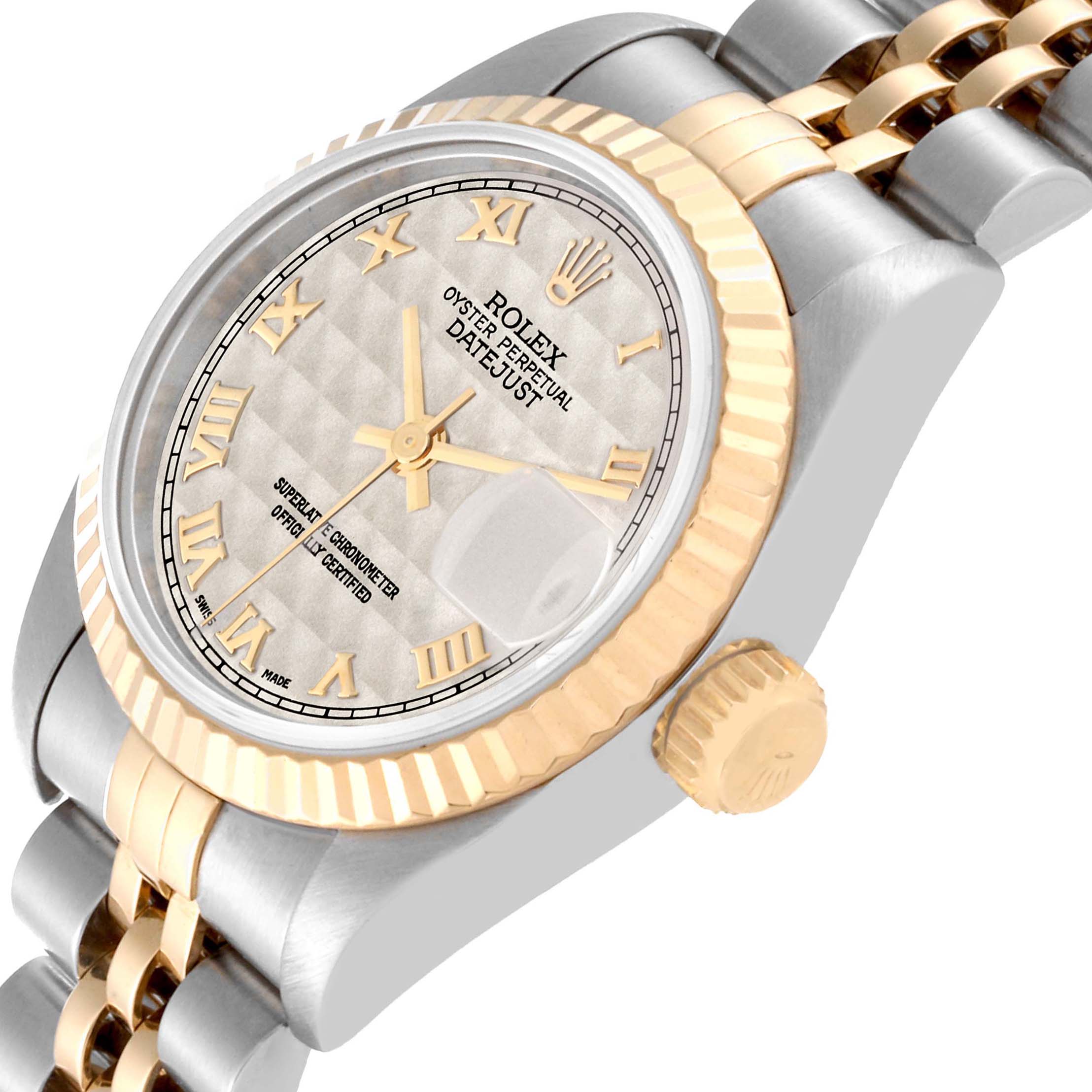 The image shows a close-up side angle of the Rolex Datejust 69173 Women's Steel and Gold (two tone) White Dial 69173 Women's Steel and Gold (two tone) White Dial watch, highlighting the dial, bezel, crown, and part of the bracelet.