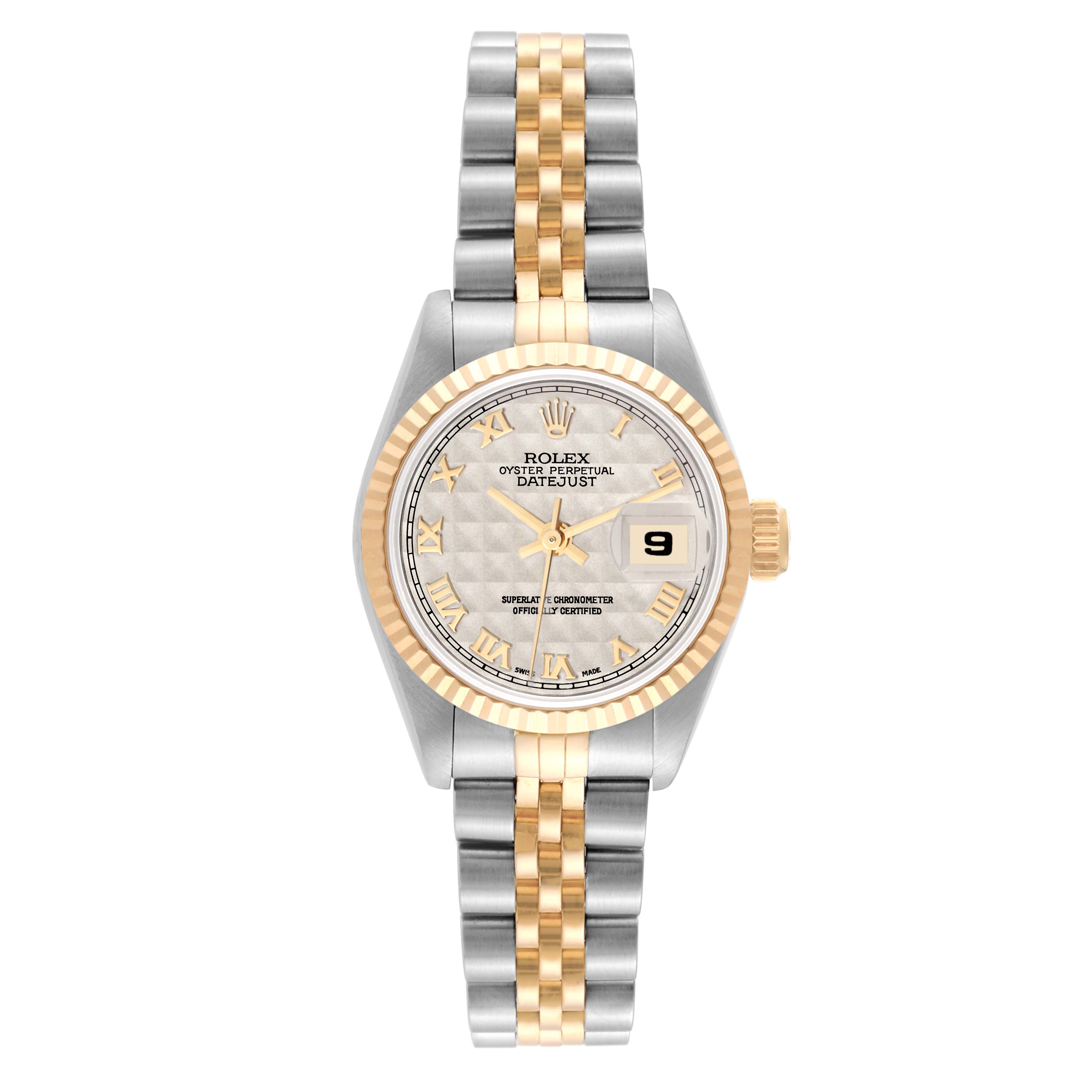 This image shows a frontal view of a Rolex Datejust 69173 Women's Steel and Gold (two tone) White Dial 69173 Women's Steel and Gold (two tone) White Dial watch, including the face, bezel, crown, and bracelet.