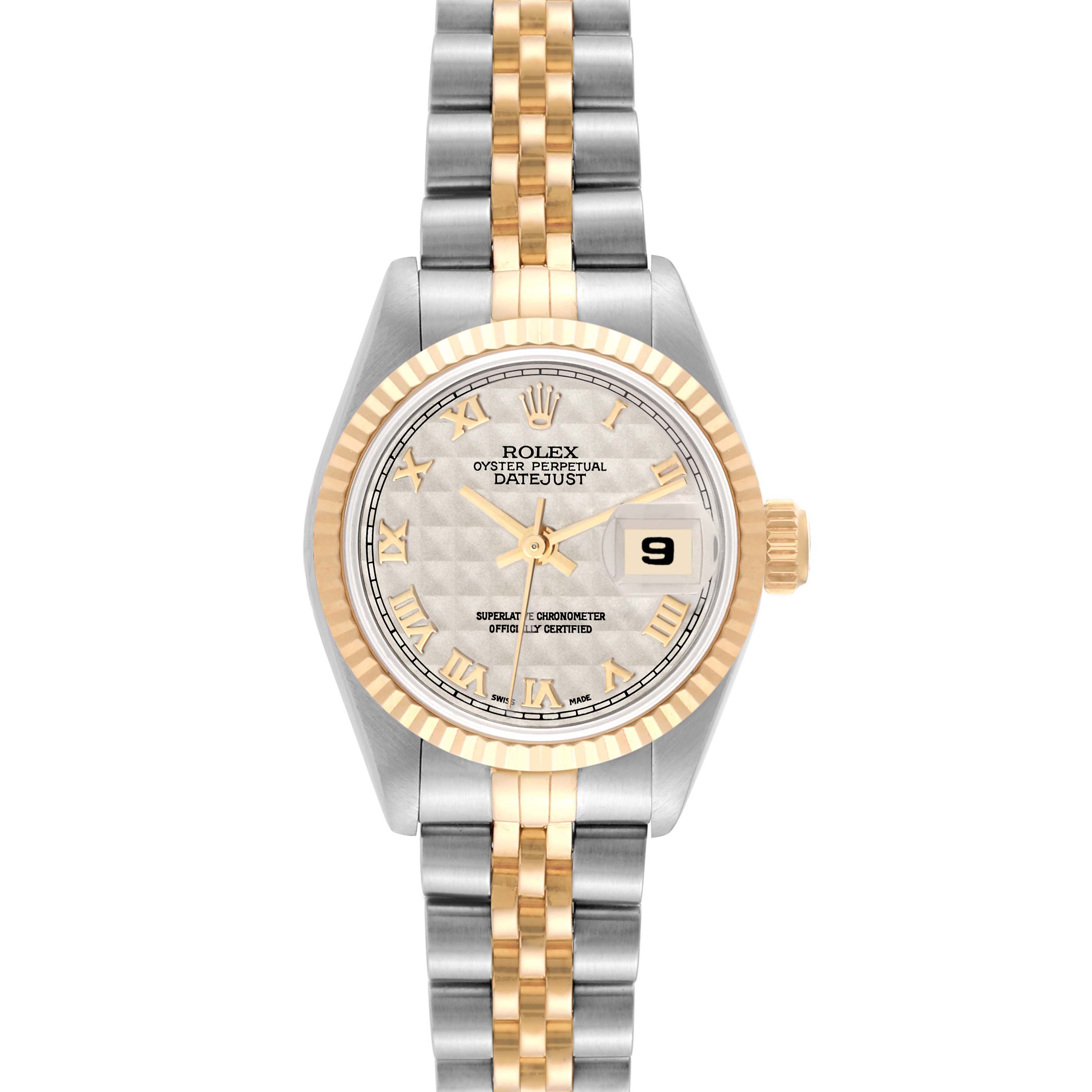 This image shows a front view of a Rolex Datejust 69173 Women's Steel and Gold (two tone) White Dial 69173 Women's Steel and Gold (two tone) White Dial watch, highlighting its dial, bezel, crown, and two-tone metal bracelet.