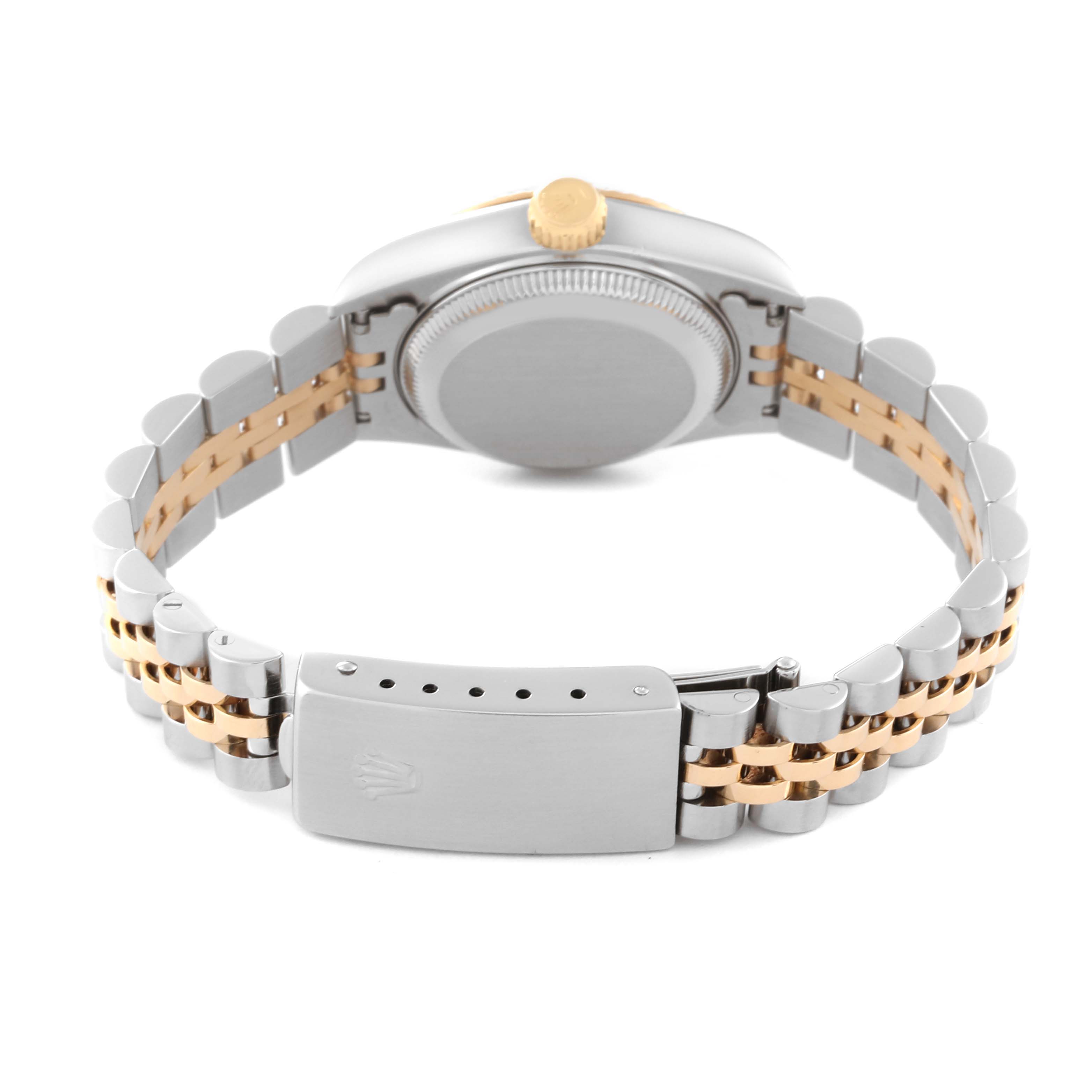 The image shows the backside and bracelet clasp of a Rolex Datejust 69173 Women's Steel and Gold (two tone) White Dial 69173 Women's Steel and Gold (two tone) White Dial watch.