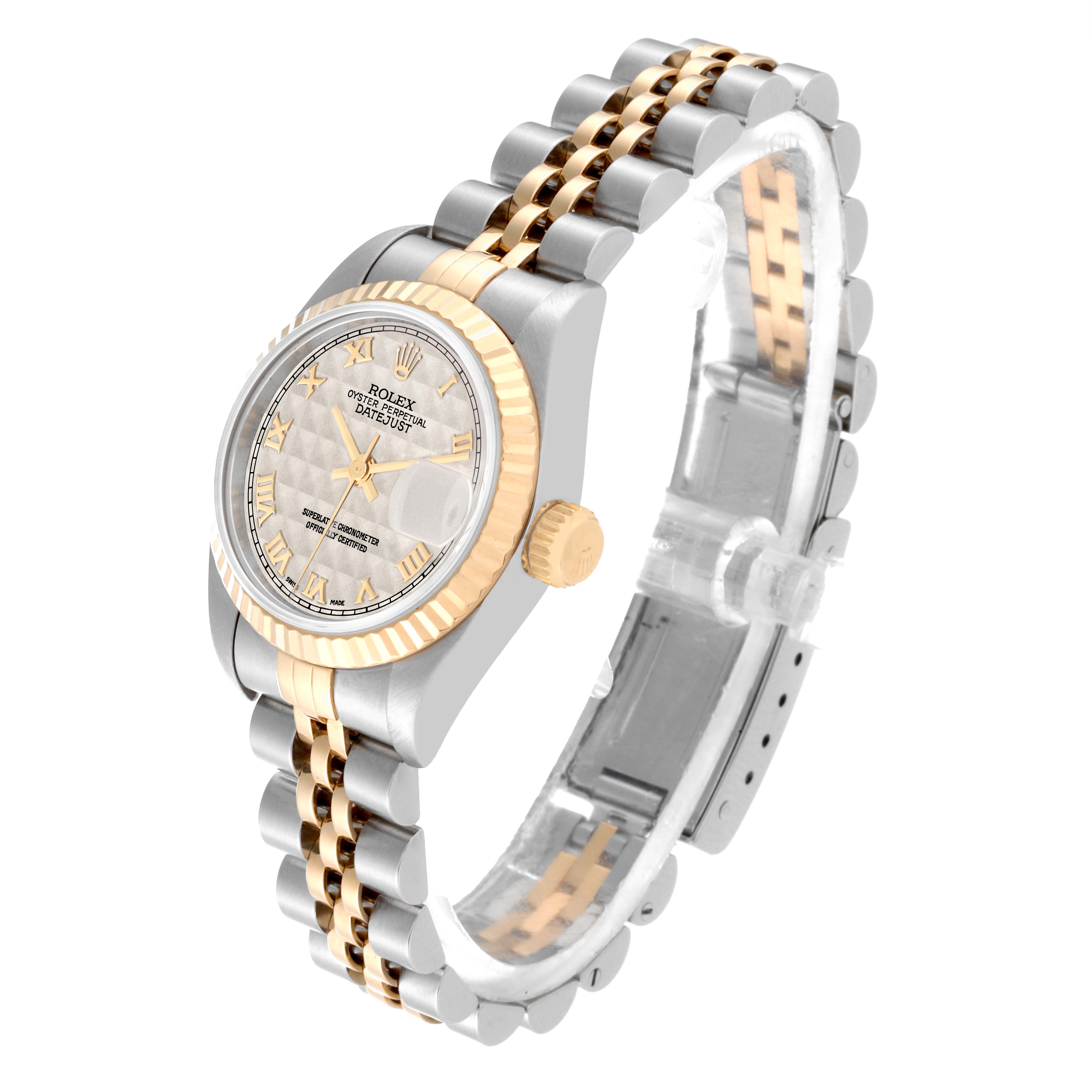 This Rolex Datejust 69173 Women's Steel and Gold (two tone) White Dial 69173 Women's Steel and Gold (two tone) White Dial watch is shown at a three-quarters angle, displaying the face, band, and crown.