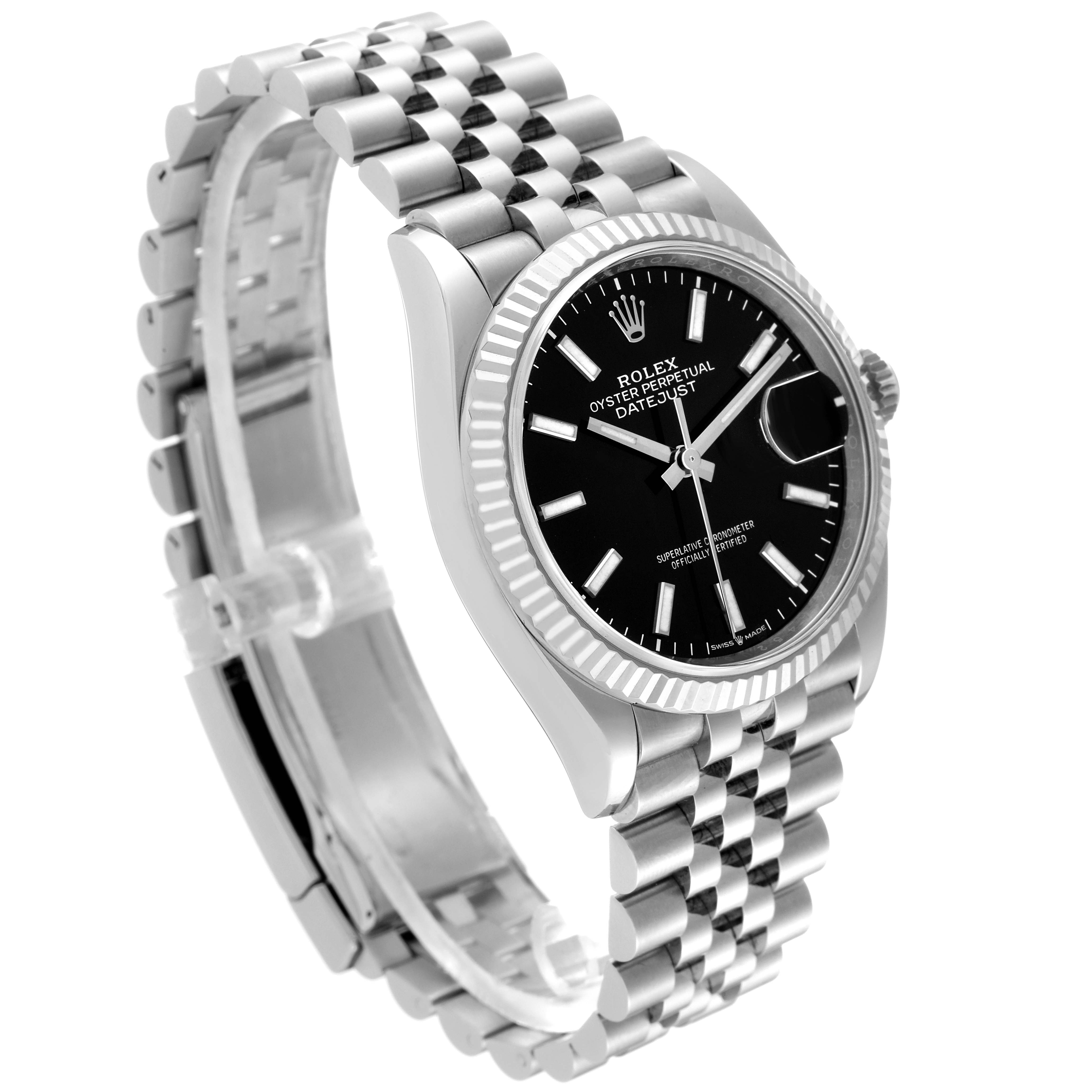 The image shows a stainless steel Rolex Datejust M126234-0015 Men's Stainless Steel Black Dial M126234-0015 Men's Stainless Steel Black Dial watch at a three-quarter angle, highlighting the black dial and jubilee bracelet.