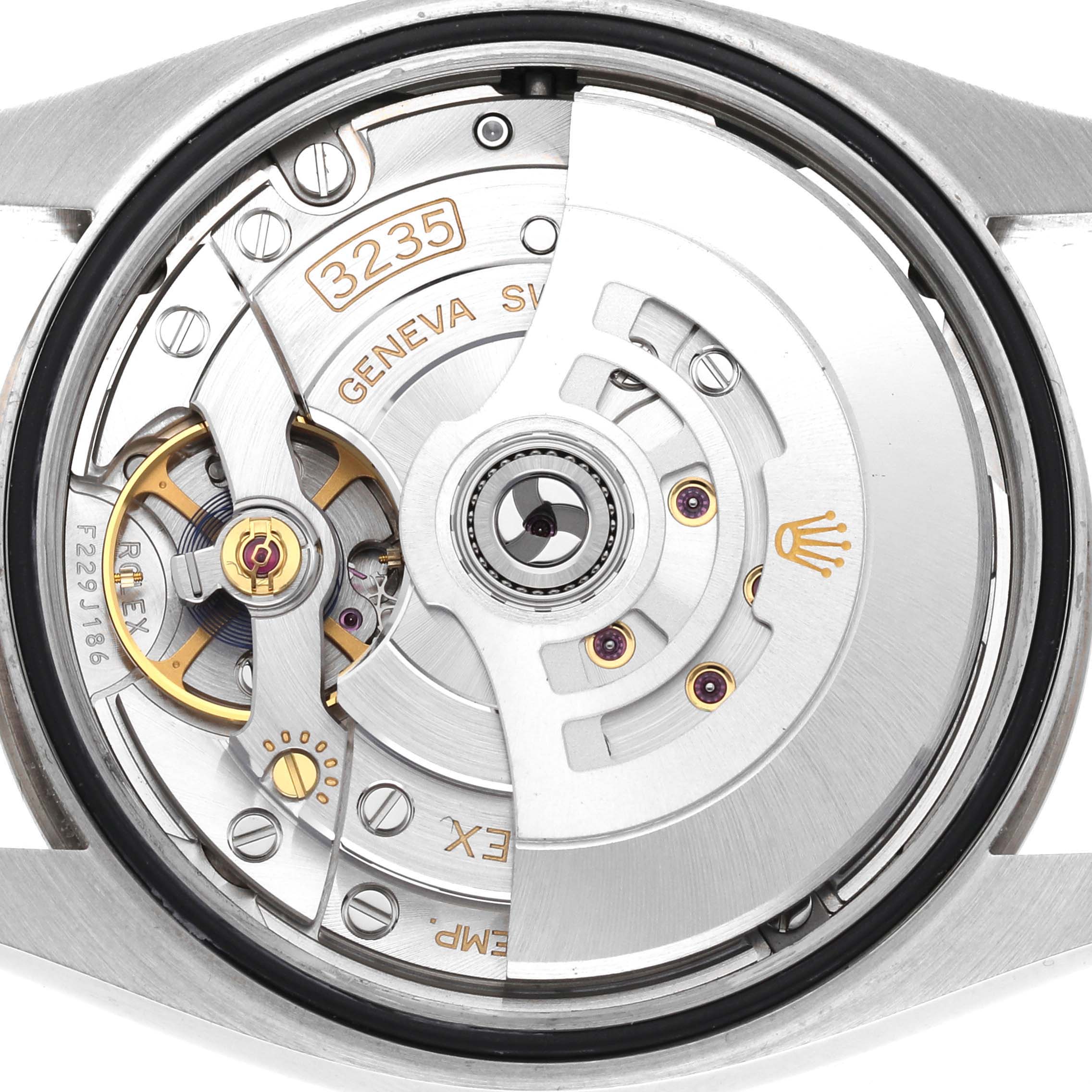 The image shows the movement mechanism of a Rolex Datejust M126234-0015 Men's Stainless Steel Black Dial M126234-0015 Men's Stainless Steel Black Dial watch viewed from the back, showcasing the 3235 caliber.