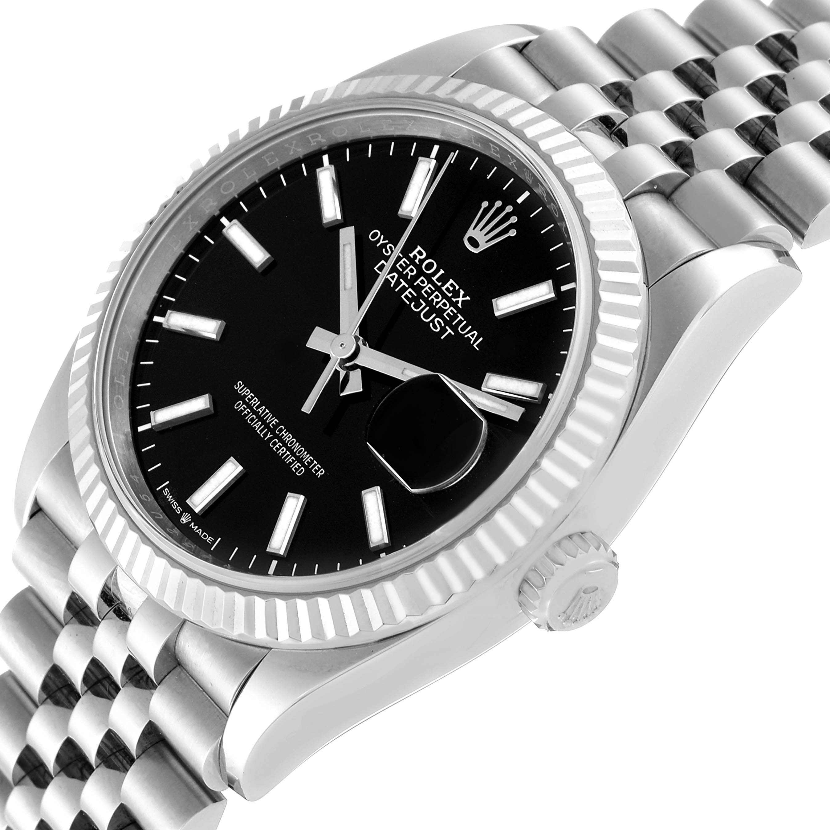 This image shows the Rolex Datejust M126234-0015 Men's Stainless Steel Black Dial M126234-0015 Men's Stainless Steel Black Dial watch at an angled side view, displaying the dial, bezel, crown, and part of the bracelet.