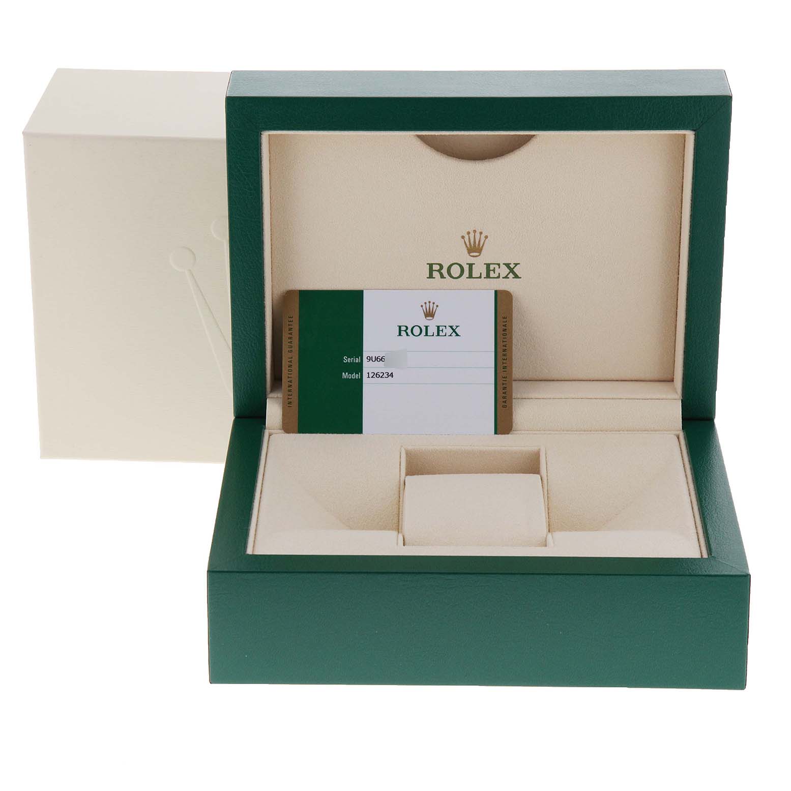 The image shows an open Rolex Datejust 126234 Men's Stainless Steel Blue Dial 126234 Men's Stainless Steel Blue Dial watch box with an authentication card inside.