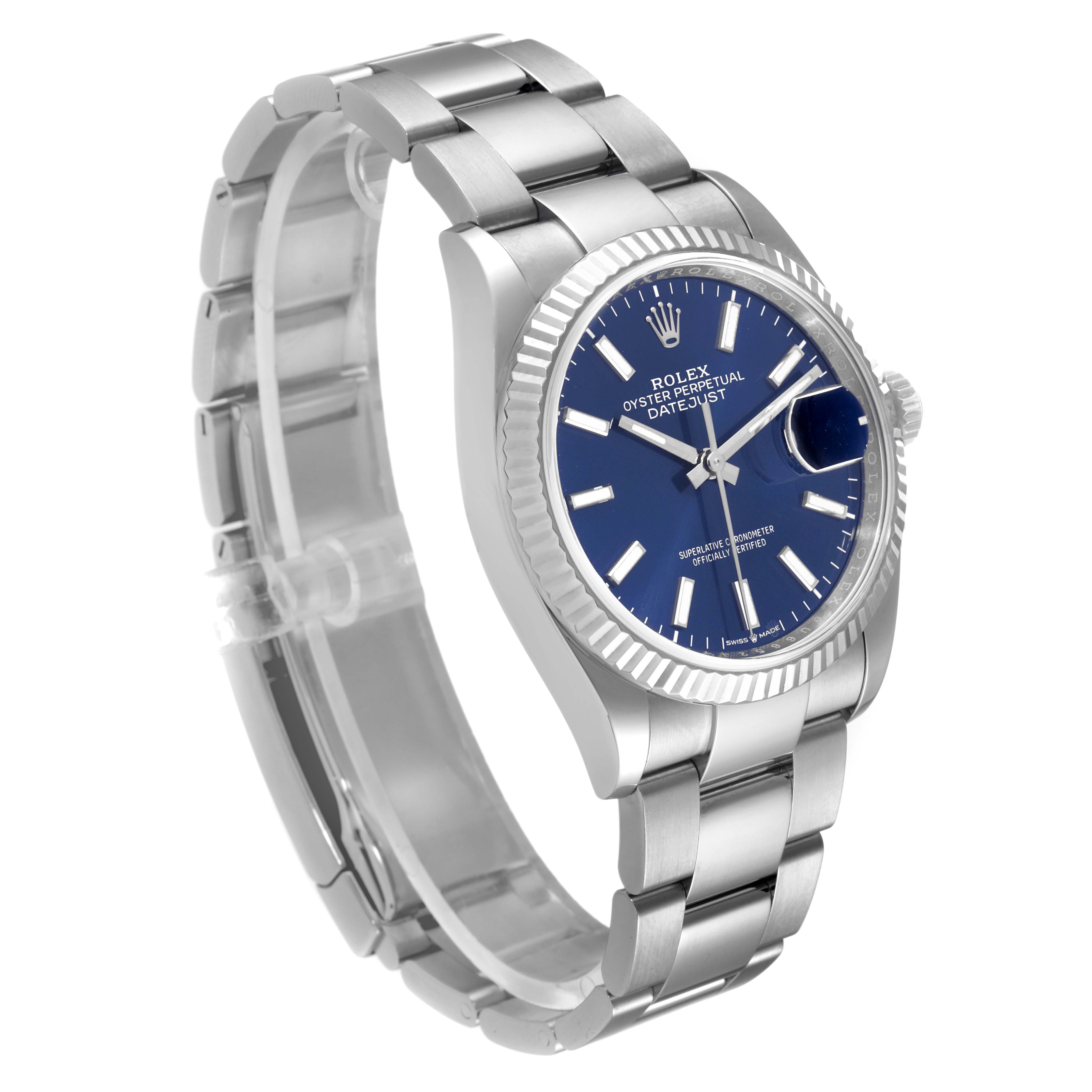 The image shows a Rolex Datejust 126234 Men's Stainless Steel Blue Dial 126234 Men's Stainless Steel Blue Dial watch at a slight angle, highlighting its blue dial, bezel, and stainless steel bracelet.