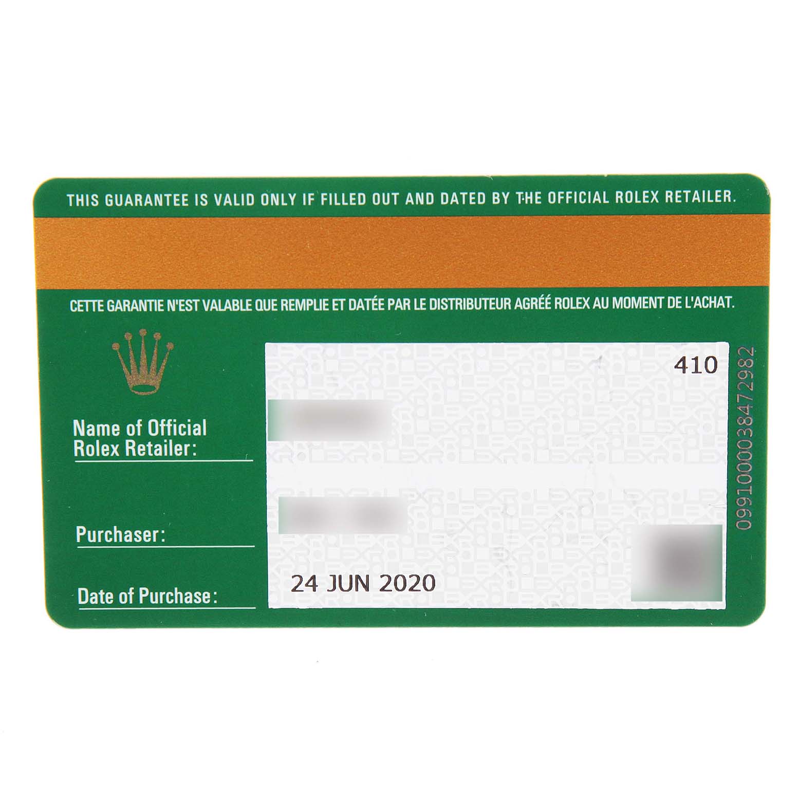 This image shows a filled guarantee card for the Rolex Datejust 126234 Men's Stainless Steel Blue Dial 126234 Men's Stainless Steel Blue Dial model, featuring the retailer name, purchaser, and purchase date.