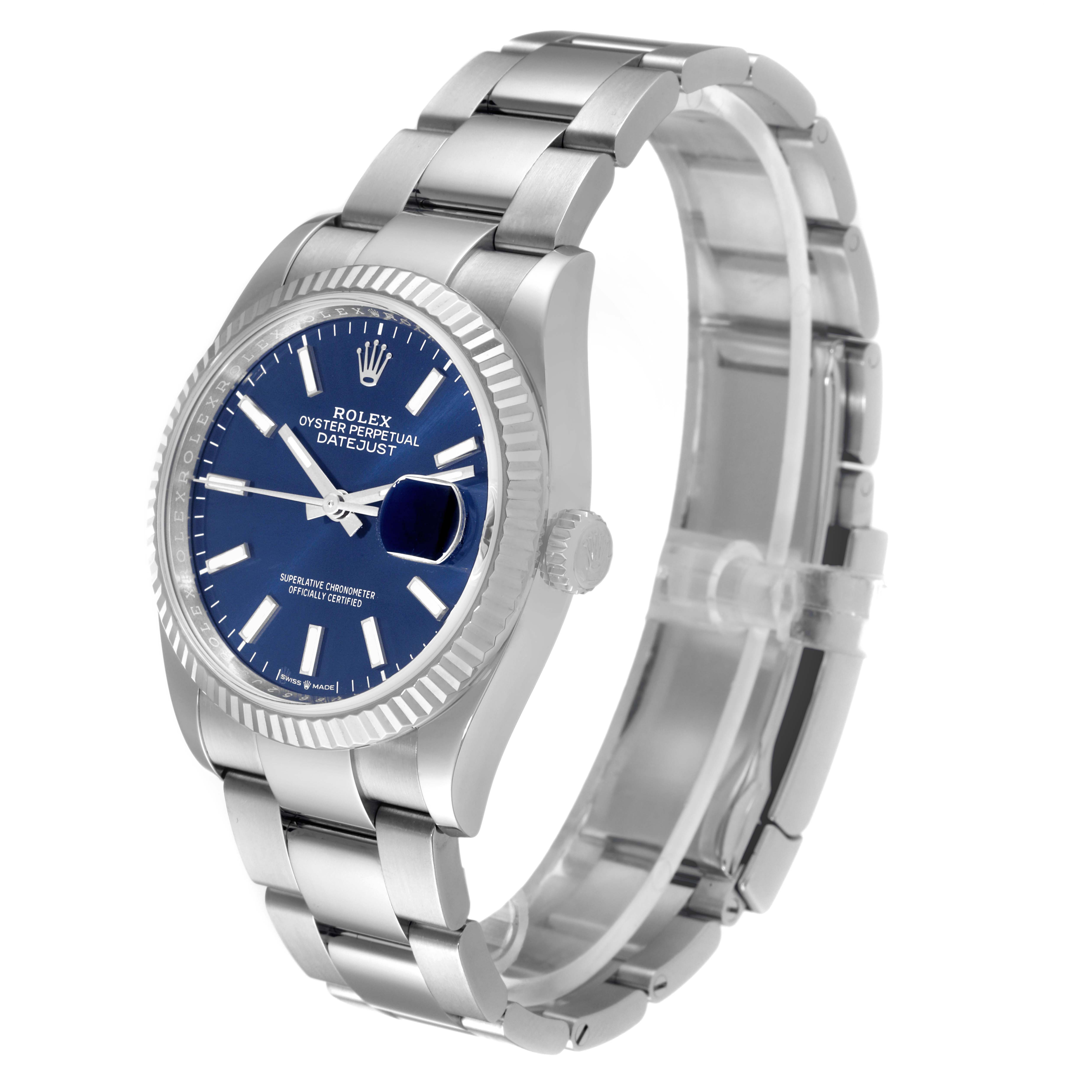 The Rolex Datejust 126234 Men's Stainless Steel Blue Dial 126234 Men's Stainless Steel Blue Dial watch is shown from a slight side angle, revealing the blue dial, stainless steel bracelet, and fluted bezel.