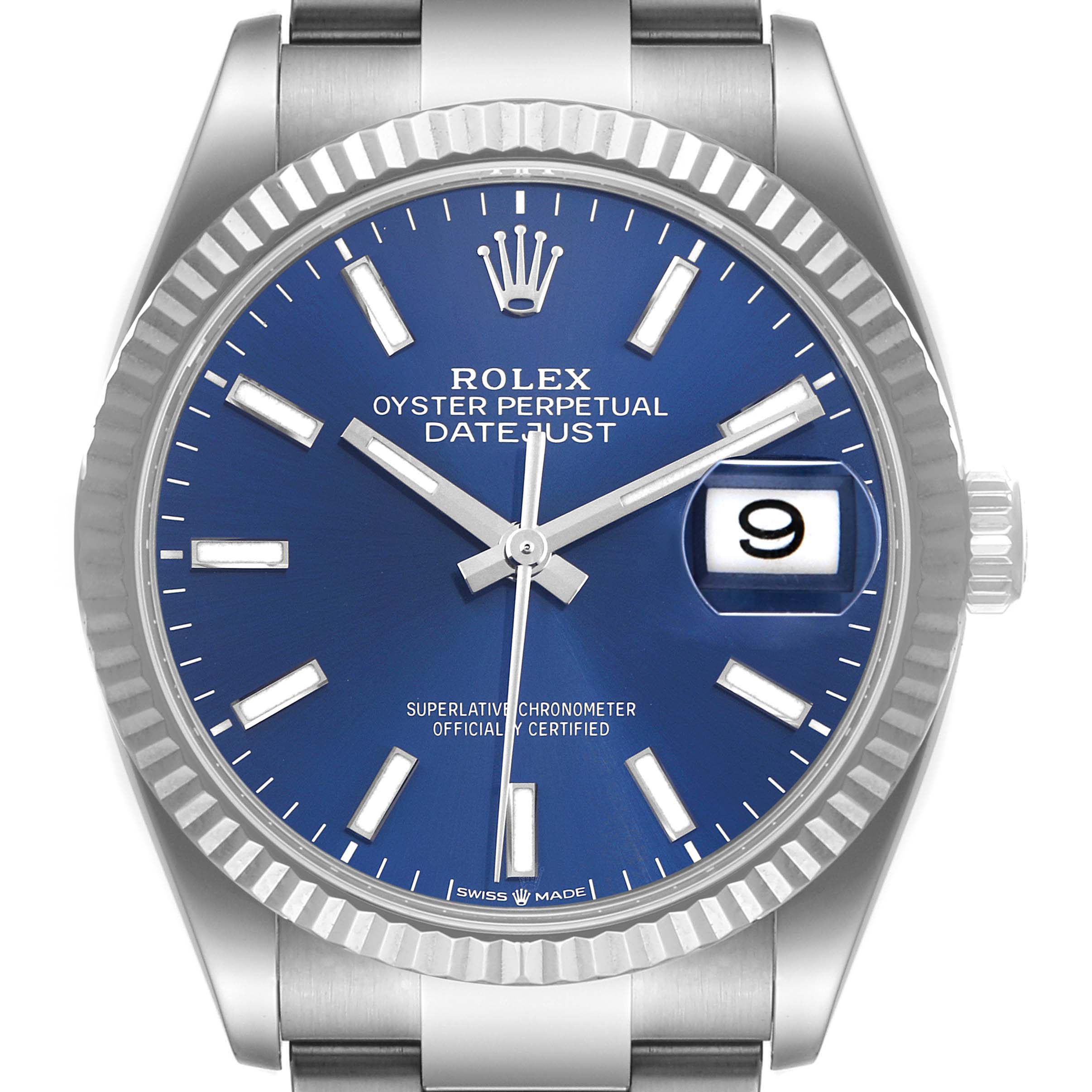 The image shows a front view of a Rolex Datejust 126234 Men's Stainless Steel Blue Dial 126234 Men's Stainless Steel Blue Dial watch with a blue dial and fluted bezel.