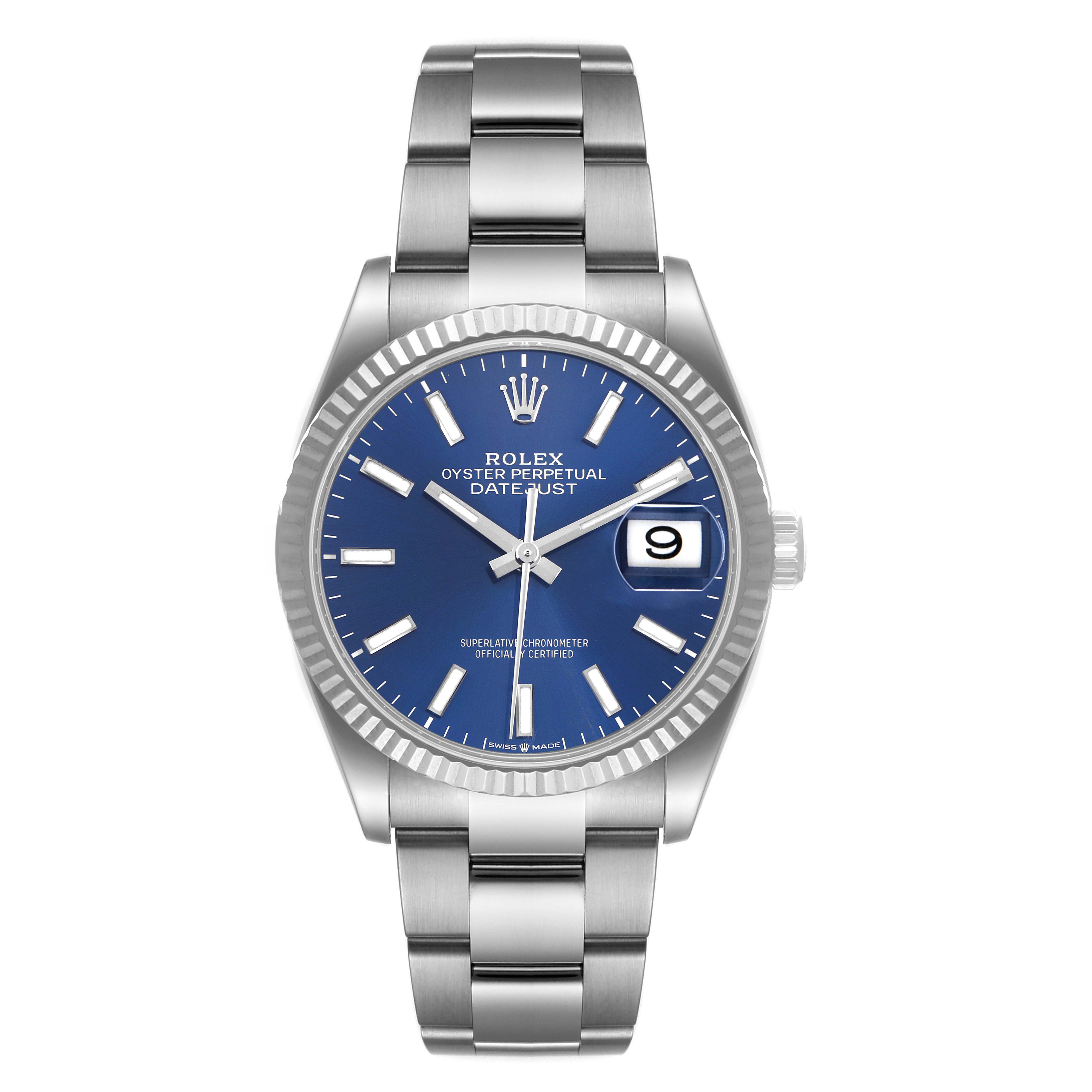 The image shows a front view of a Rolex Datejust 126234 Men's Stainless Steel Blue Dial 126234 Men's Stainless Steel Blue Dial watch, highlighting its blue dial, fluted bezel, and stainless steel bracelet.