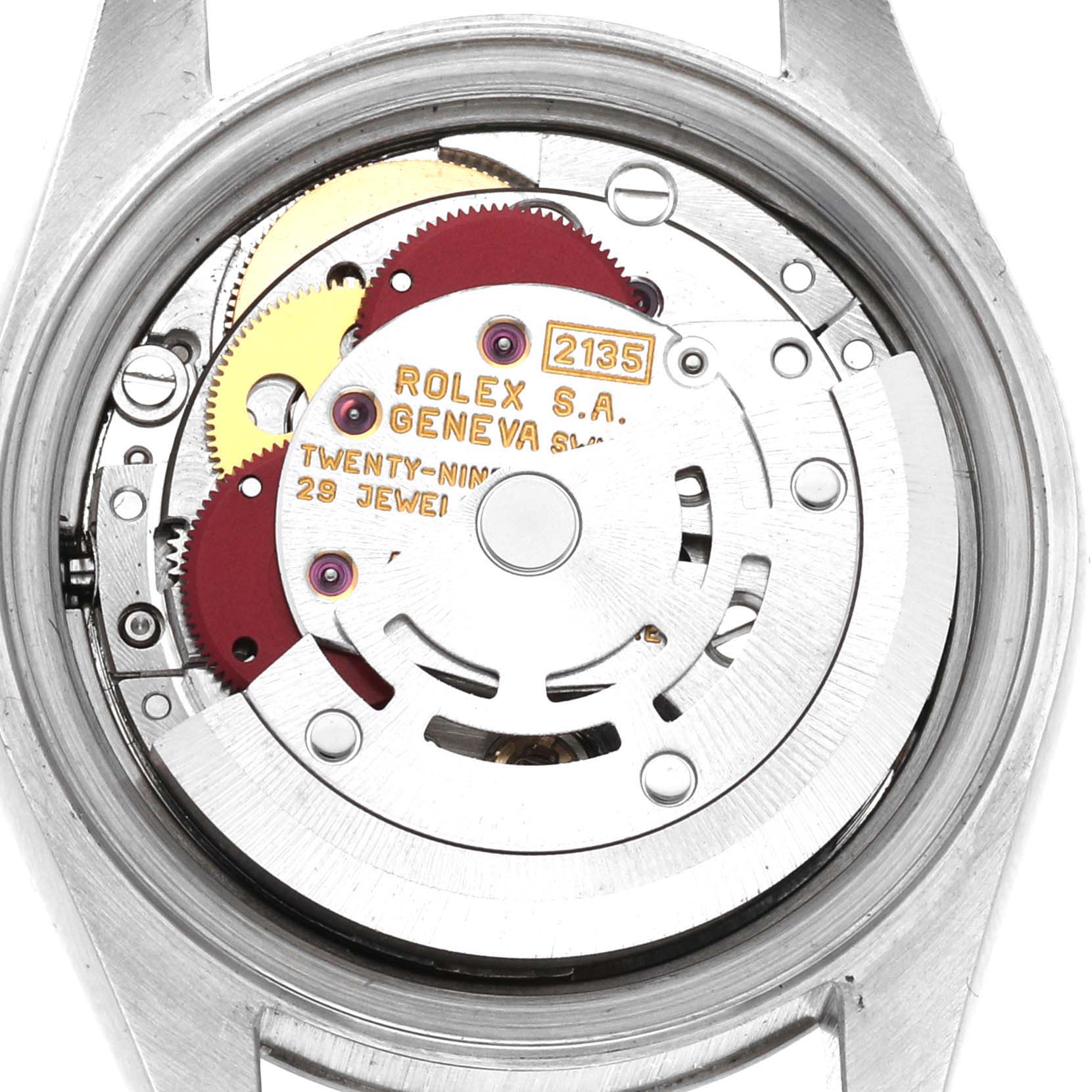 This image shows the inner mechanism of a Rolex Datejust 69174 Women's Stainless Steel Silver Dial 69174 Women's Stainless Steel Silver Dial watch from a top-down view.