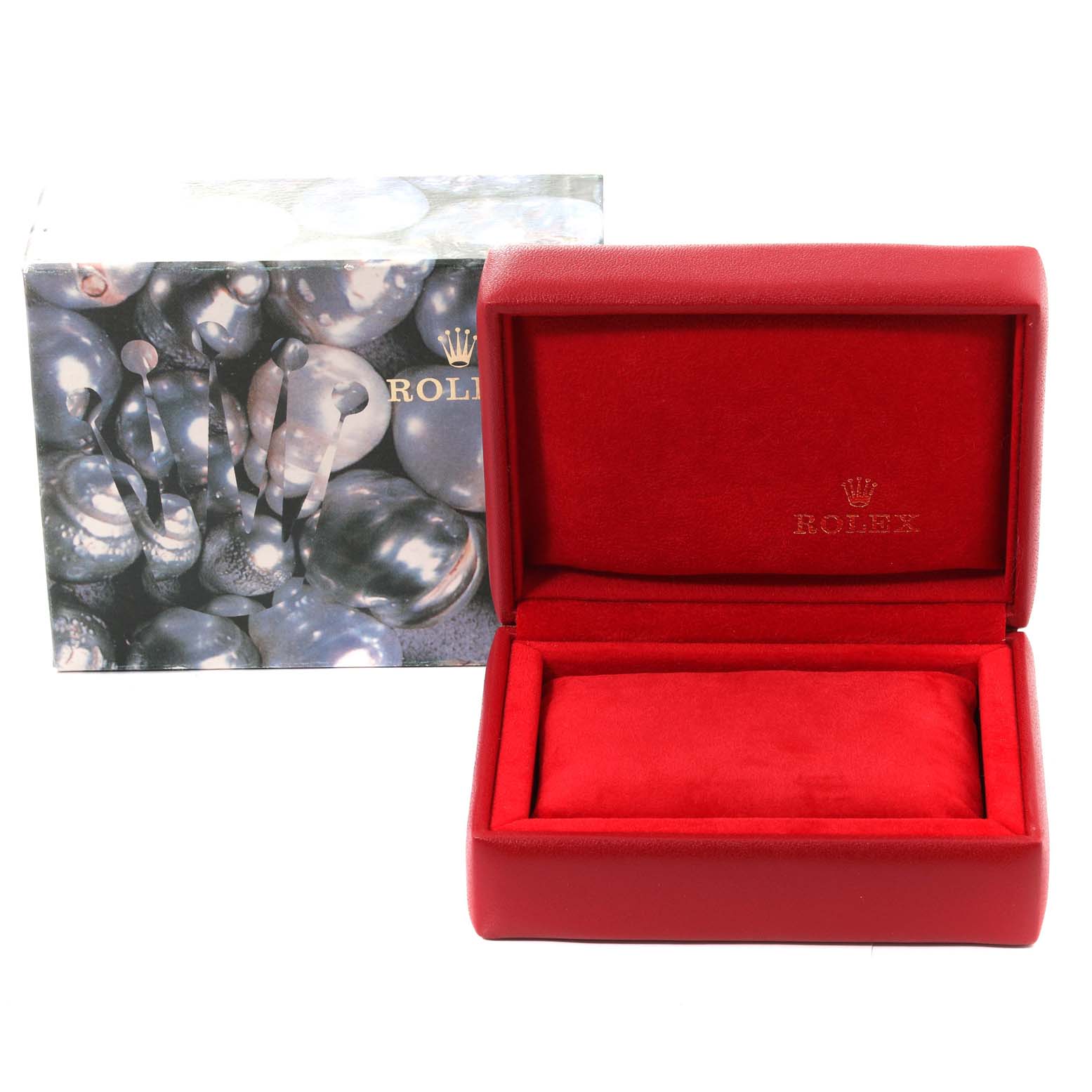 The image shows the open box and accompanying outer box for a Rolex Datejust 69174 Women's Stainless Steel Silver Dial 69174 Women's Stainless Steel Silver Dial watch.