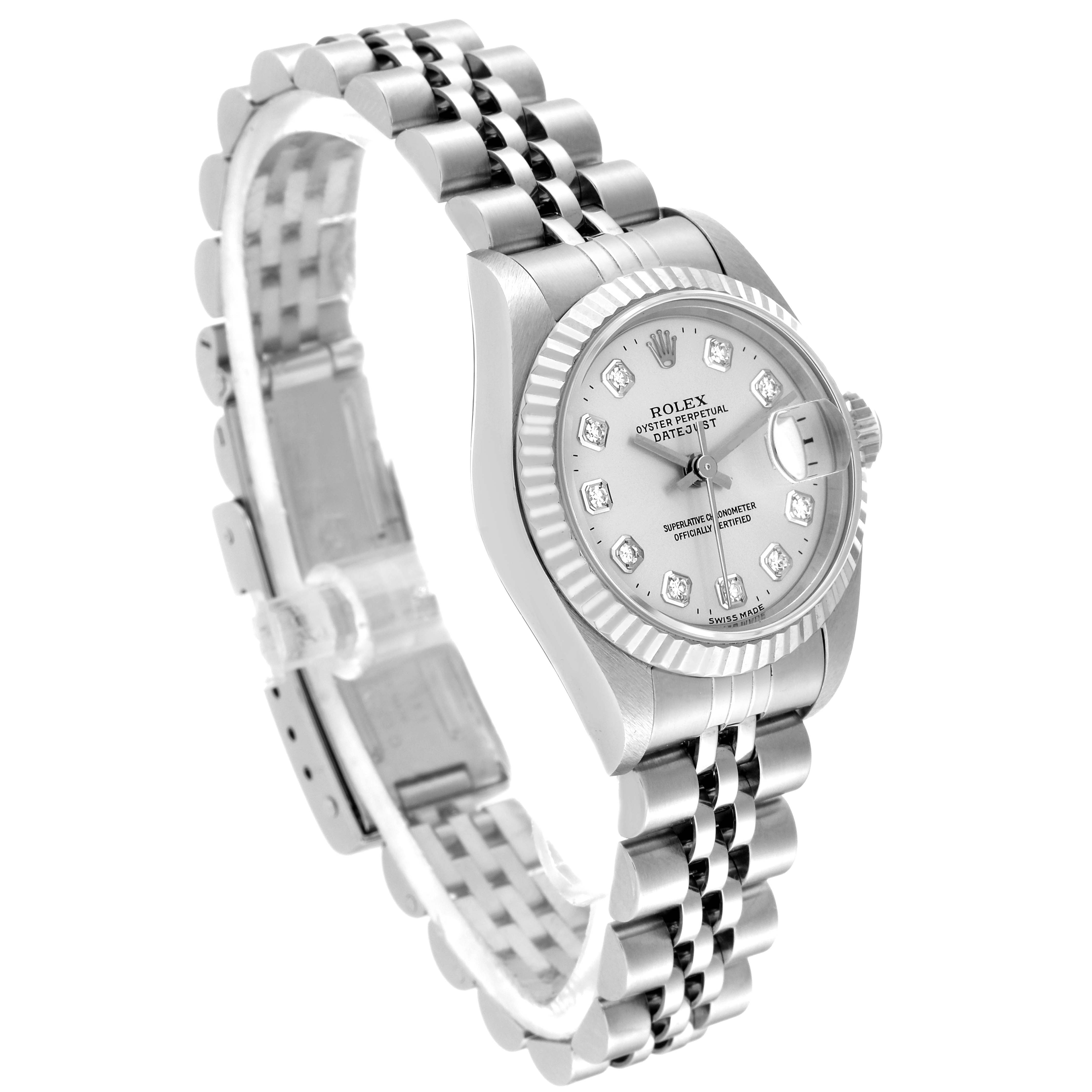 The Rolex Datejust 69174 Women's Stainless Steel Silver Dial 69174 Women's Stainless Steel Silver Dial watch is shown at a three-quarter angle, displaying the dial, bezel, crown, and part of the bracelet.