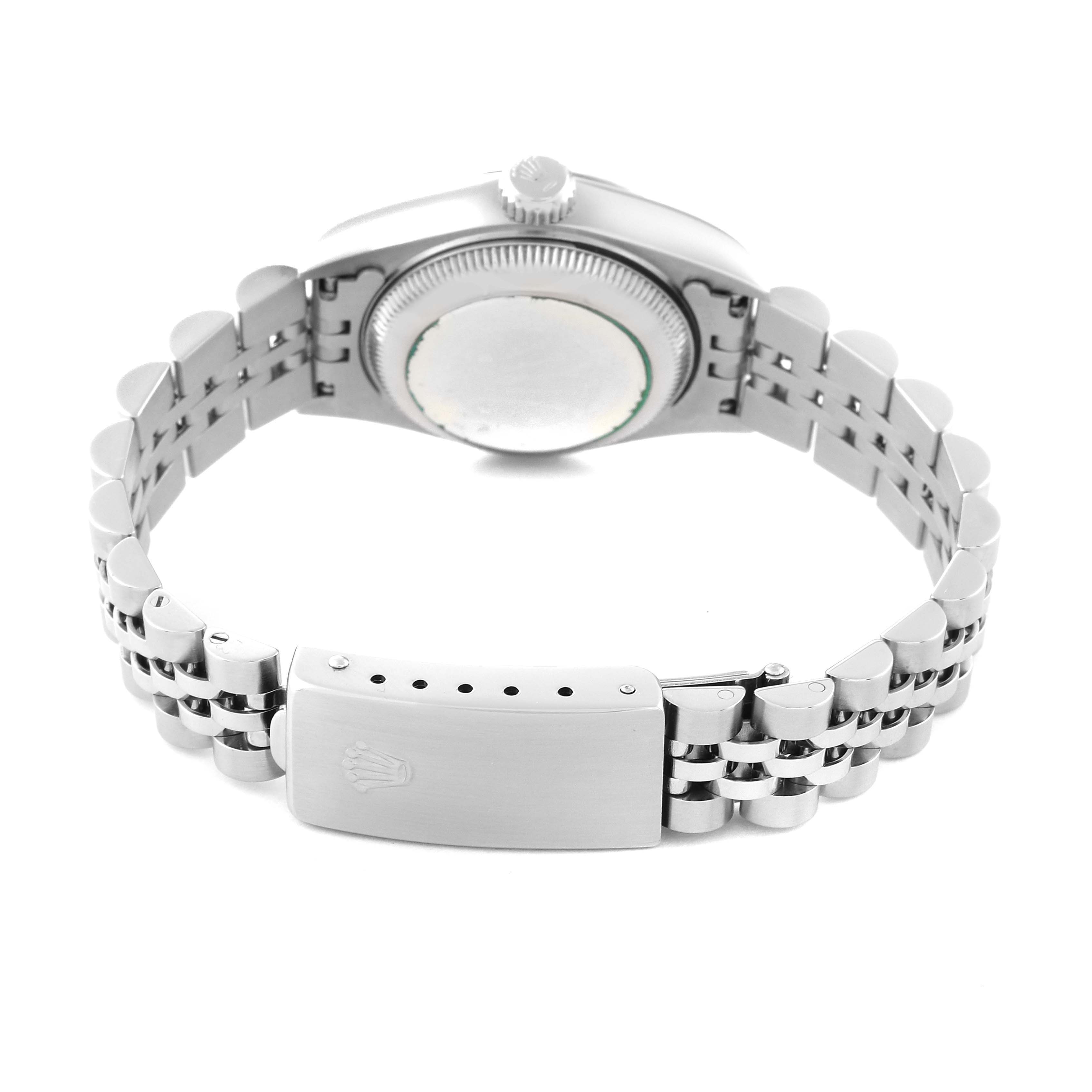 This image shows the back side and bracelet of a Rolex Datejust 69174 Women's Stainless Steel Silver Dial 69174 Women's Stainless Steel Silver Dial watch.