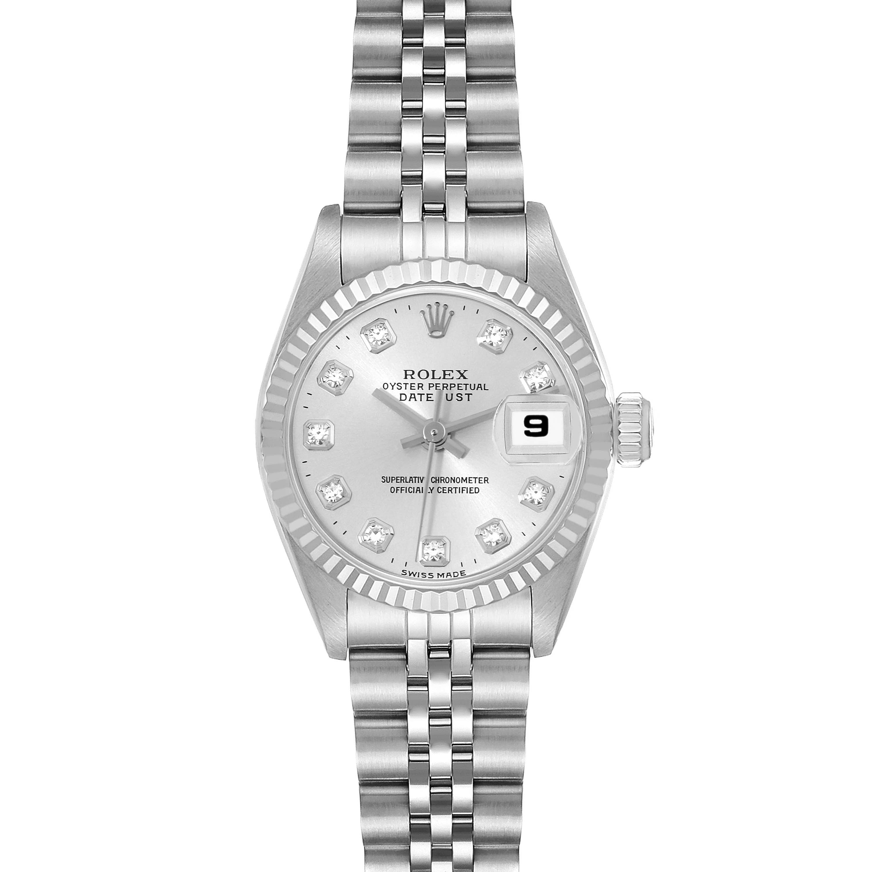 This is a front view of a Rolex Datejust 69174 Women's Stainless Steel Silver Dial 69174 Women's Stainless Steel Silver Dial watch, showcasing the dial, bezel, bracelet, and date display.