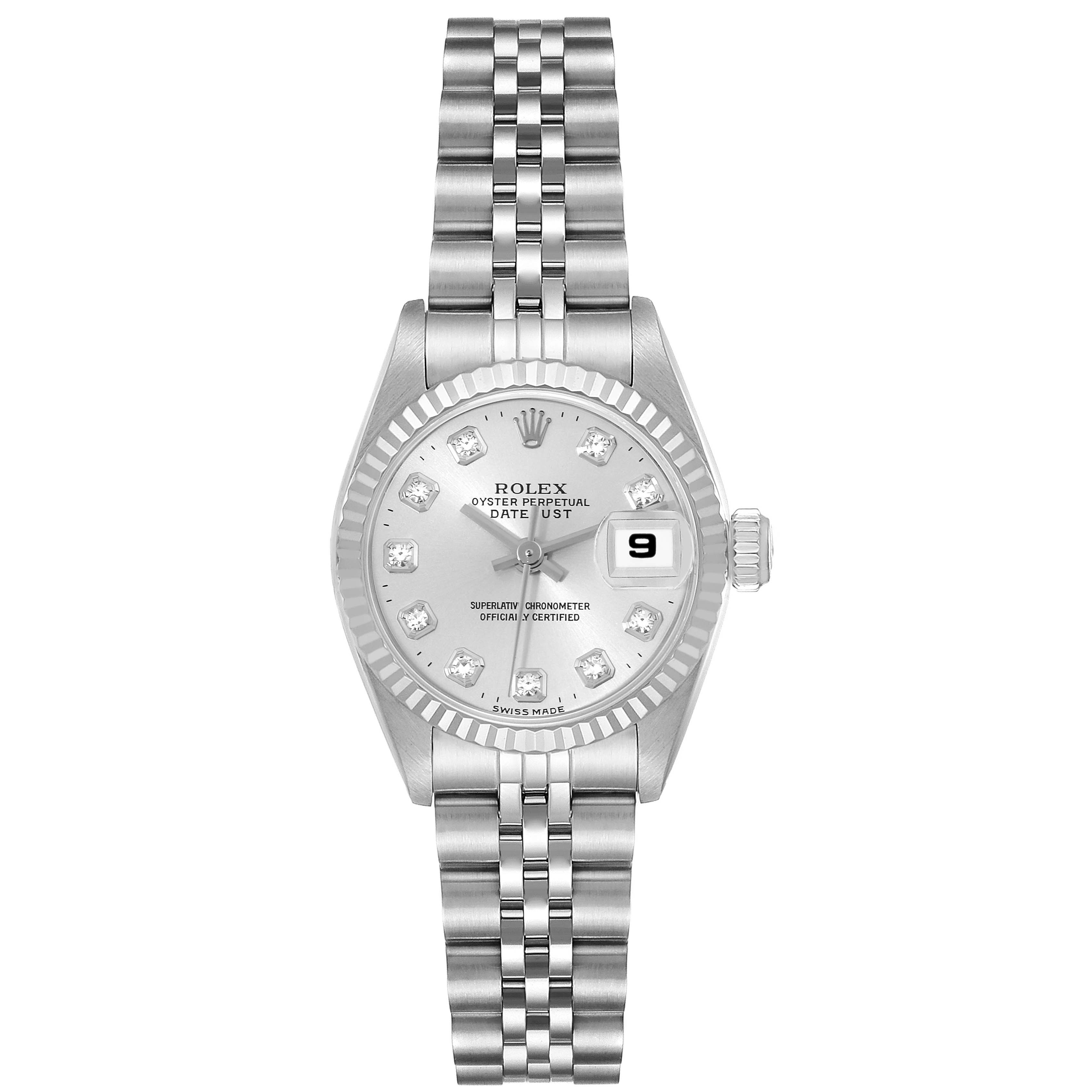 The image shows a front view of a Rolex Datejust 69174 Women's Stainless Steel Silver Dial 69174 Women's Stainless Steel Silver Dial watch, displaying the dial, bezel, and part of the bracelet.