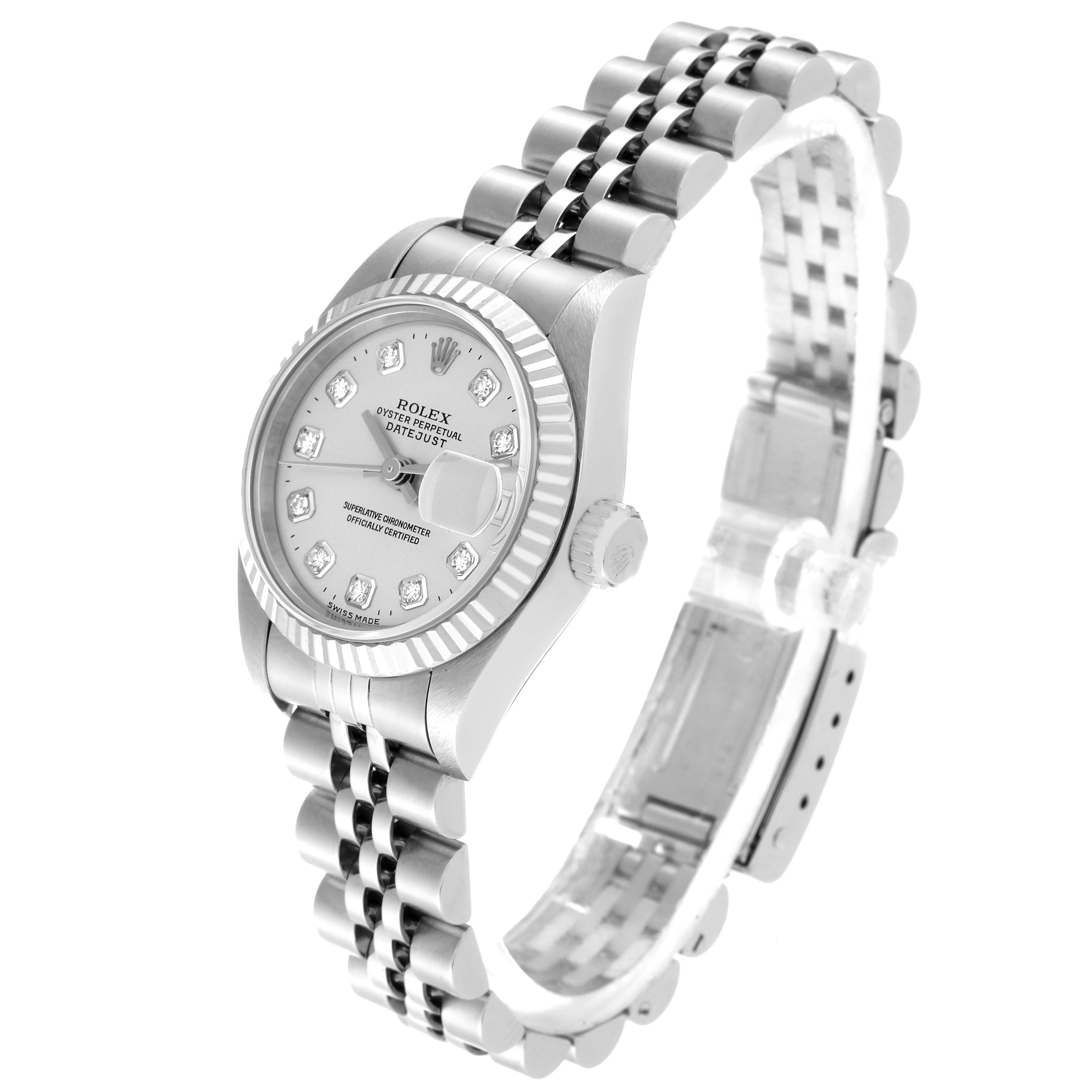 The image shows a Rolex Datejust 69174 Women's Stainless Steel Silver Dial 69174 Women's Stainless Steel Silver Dial watch at a three-quarter angle, highlighting the dial, bezel, crown, and Jubilee bracelet.