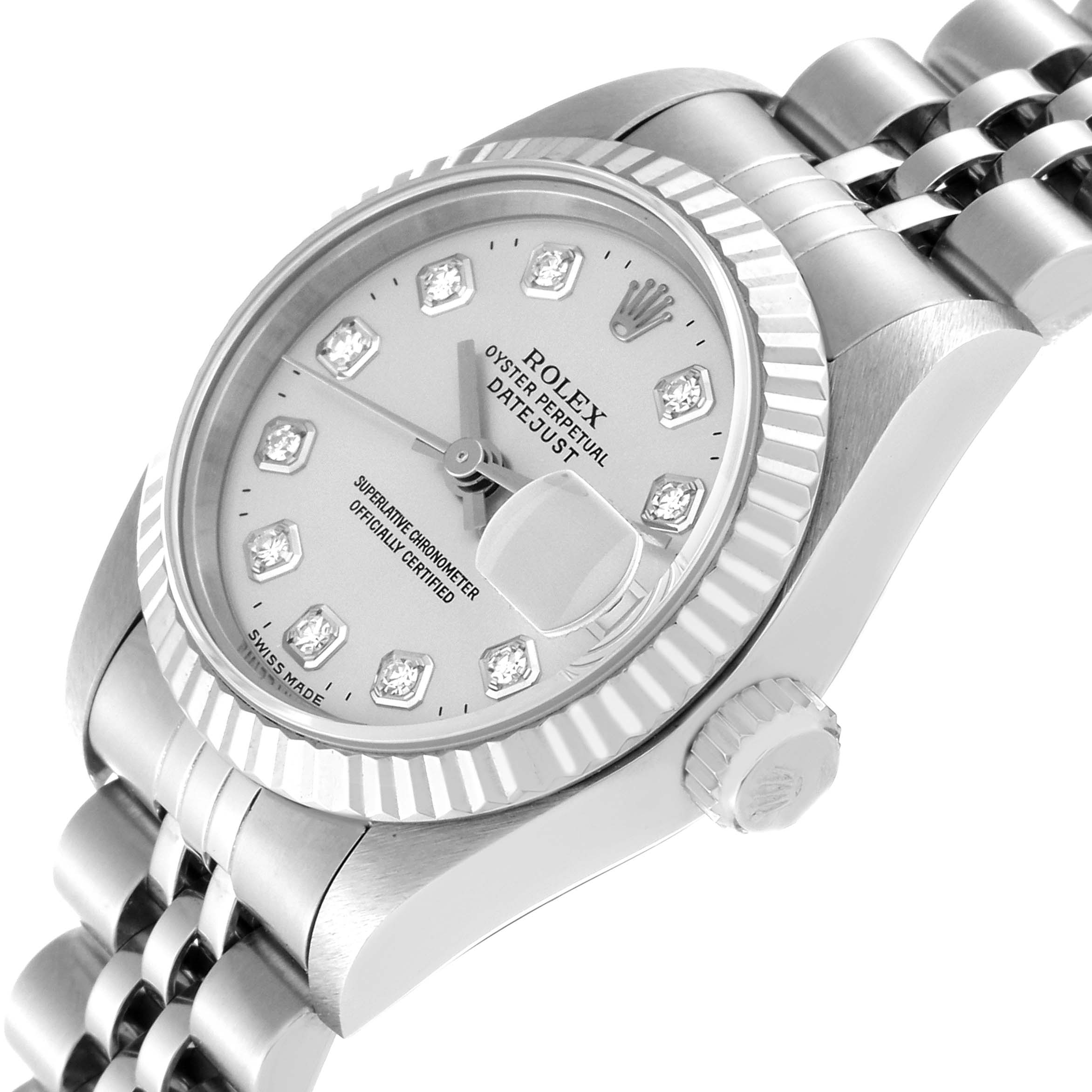 This image shows a Rolex Datejust 69174 Women's Stainless Steel Silver Dial 69174 Women's Stainless Steel Silver Dial watch at an angled close-up, highlighting the dial, case, crown, and part of the bracelet.
