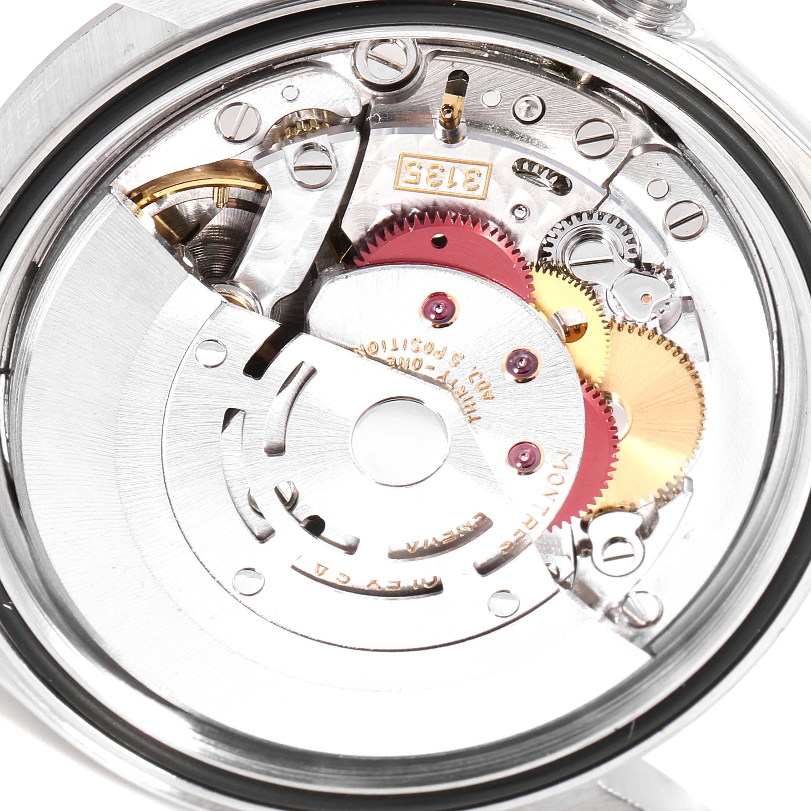 The image shows the internal movement components of a Rolex Datejust 16234 Men's Stainless Steel Silver Dial 16234 Men's Stainless Steel Silver Dial watch at a close-up angle.