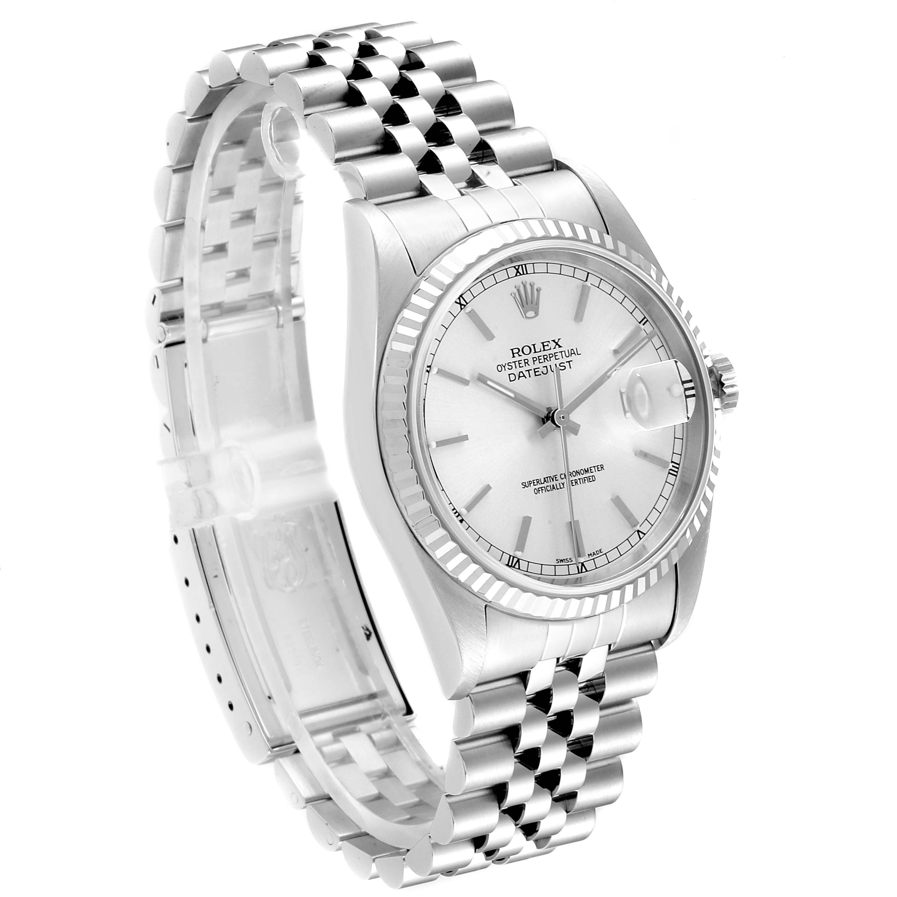 The Rolex Datejust 16234 Men's Stainless Steel Silver Dial 16234 Men's Stainless Steel Silver Dial watch is shown at a slight angle displaying its face, bezel, and metal bracelet.