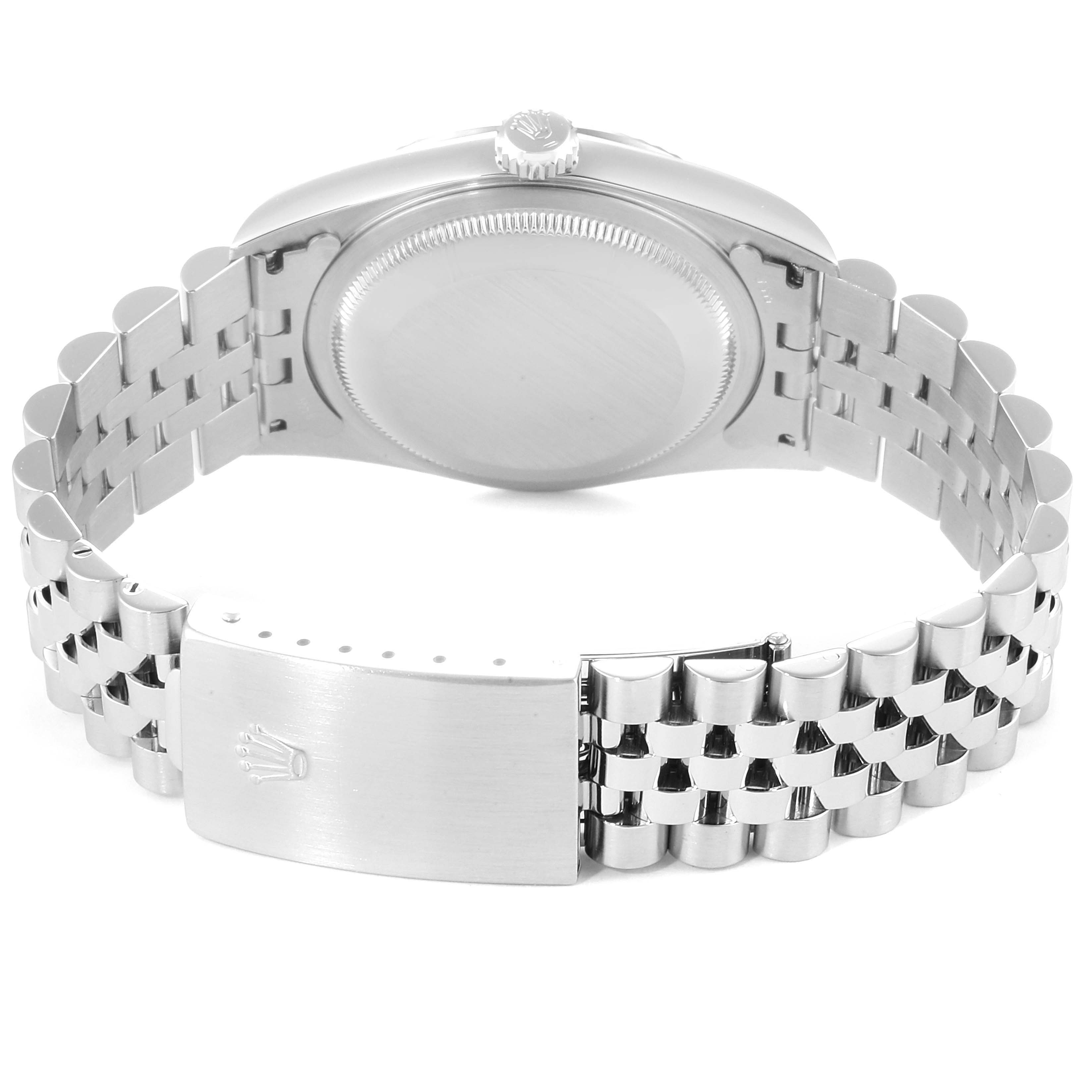 This image shows the back of the Rolex Datejust 16234 Men's Stainless Steel Silver Dial 16234 Men's Stainless Steel Silver Dial watch, highlighting its caseback, crown, and Jubilee bracelet with clasp.