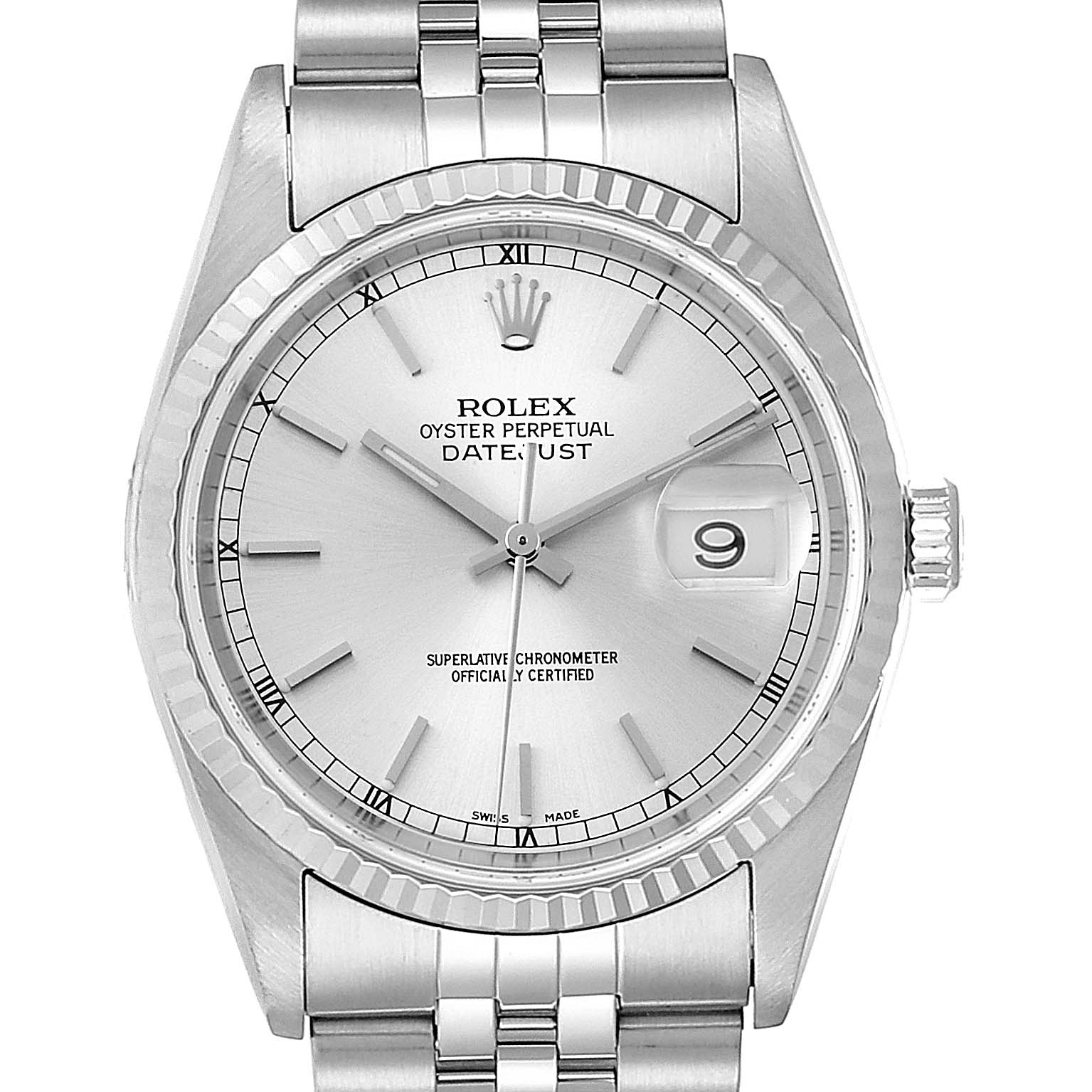 The image shows a frontal view of the Rolex Datejust 16234 Men's Stainless Steel Silver Dial 16234 Men's Stainless Steel Silver Dial watch, highlighting the dial, bezel, crown, and part of the bracelet.