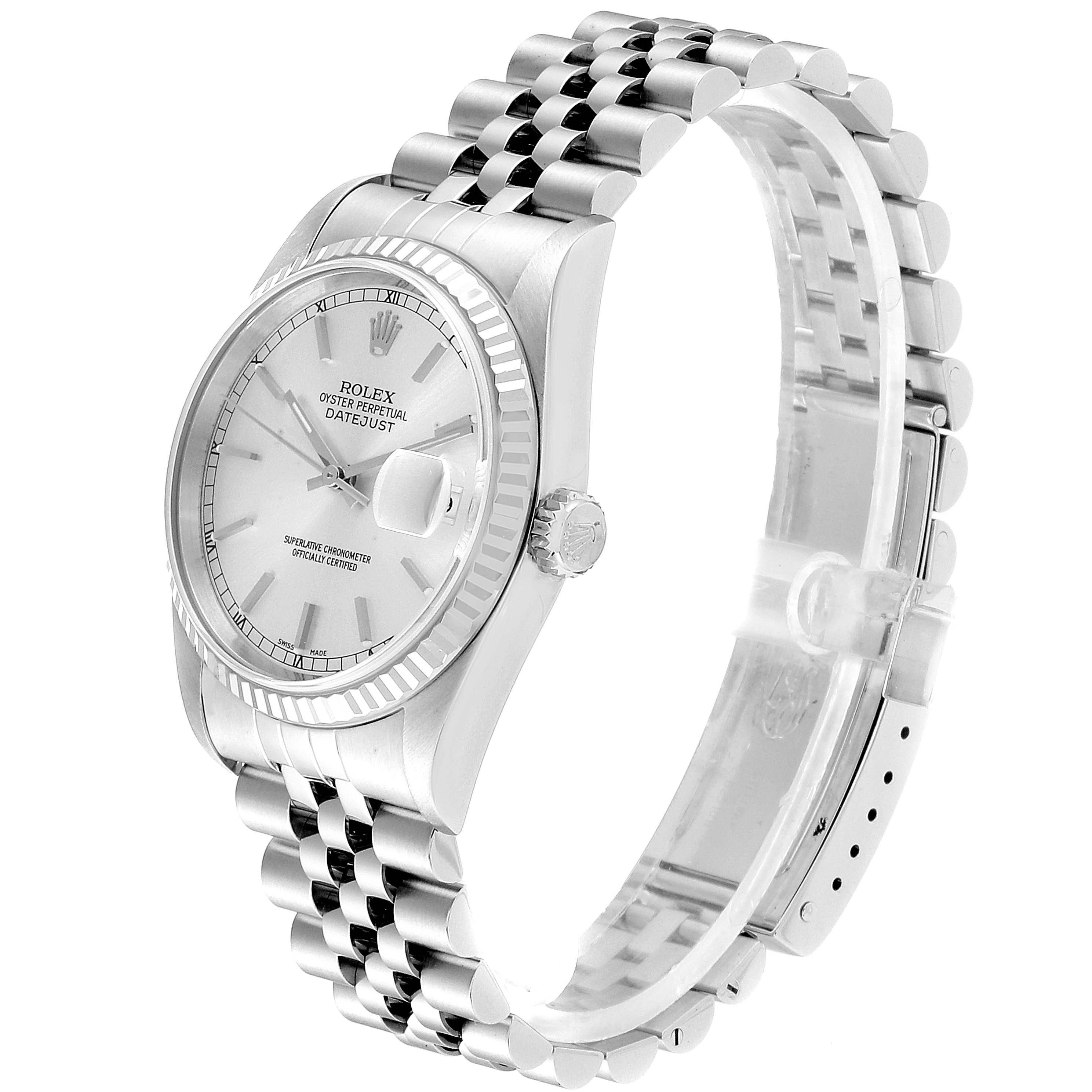 This image shows a Rolex Datejust 16234 Men's Stainless Steel Silver Dial 16234 Men's Stainless Steel Silver Dial watch from a right-side angle, highlighting the face, bezel, crown, and jubilee bracelet.