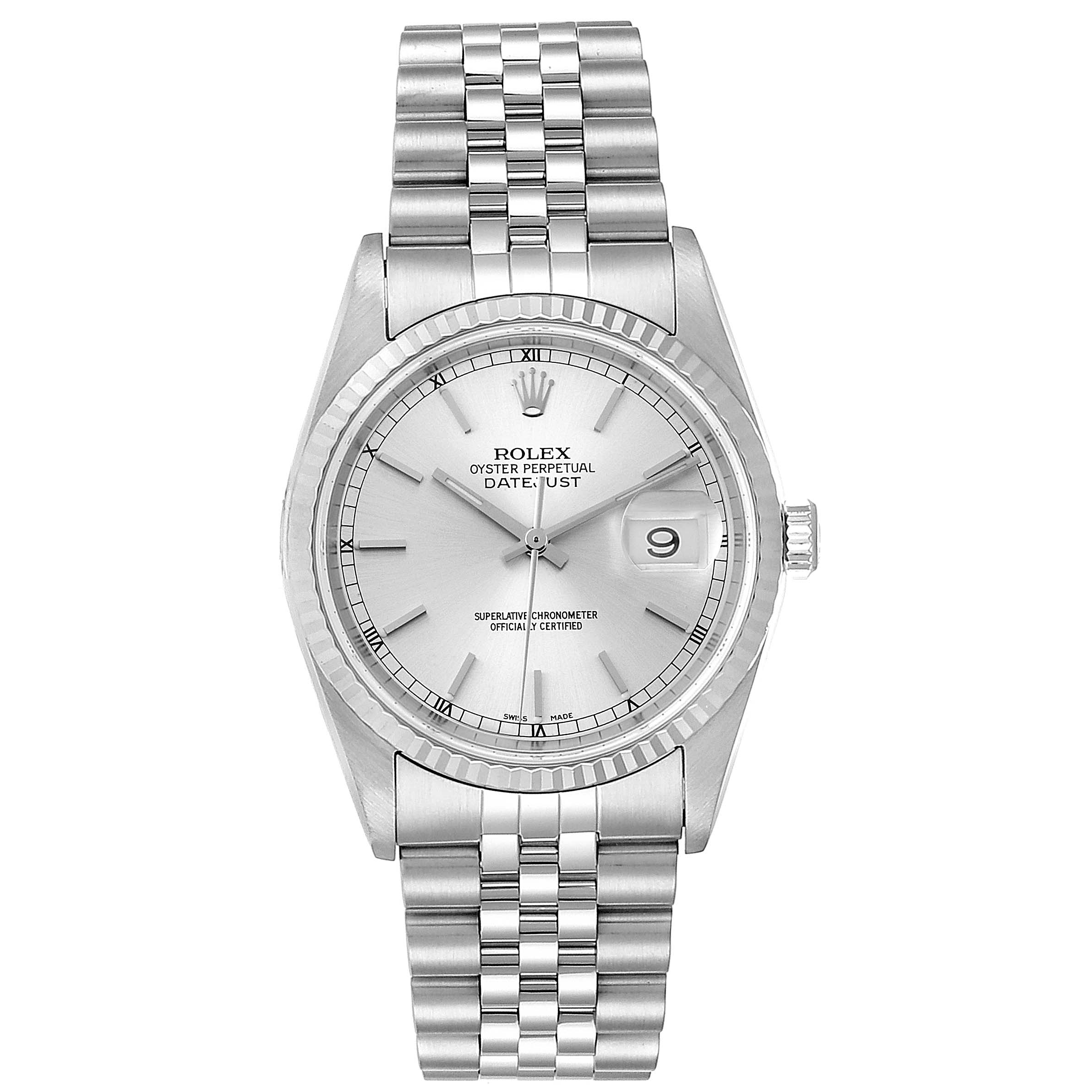 This image shows a front view of a Rolex Datejust 16234 Men's Stainless Steel Silver Dial 16234 Men's Stainless Steel Silver Dial watch displaying its face, bezel, crown, and bracelet.