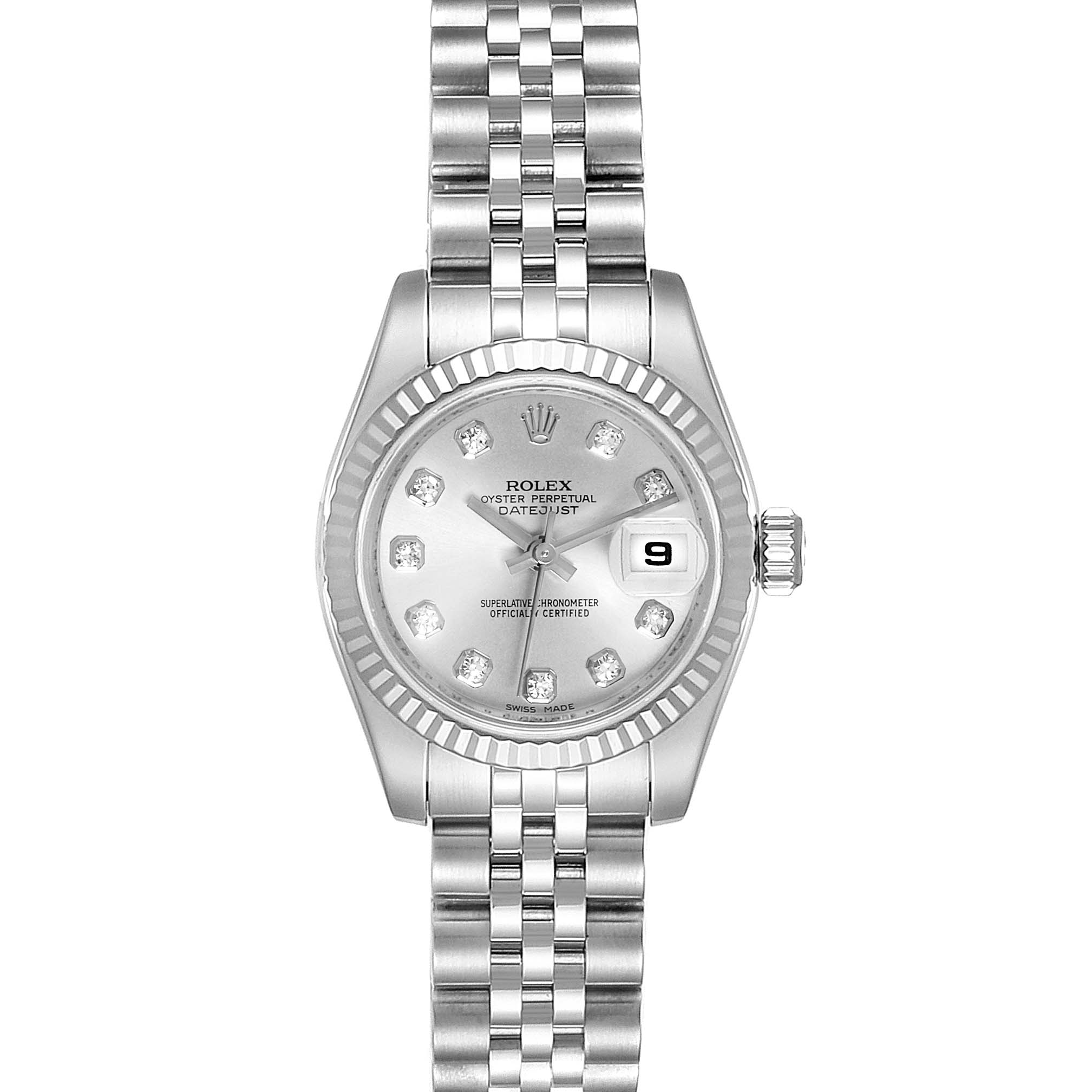 The image shows a front view of a Rolex Datejust 179174 Women's Stainless Steel Silver Dial 179174 Women's Stainless Steel Silver Dial watch, highlighting its dial, bezel, bracelet, and date display.