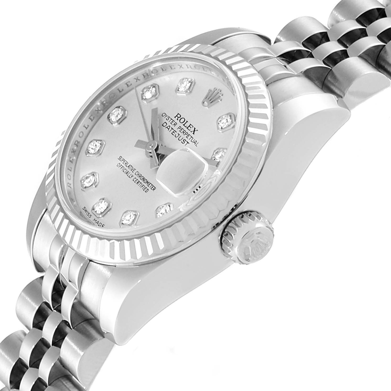 The Rolex Datejust 179174 Women's Stainless Steel Silver Dial 179174 Women's Stainless Steel Silver Dial watch is angled to show the dial, crown, and part of the bracelet.