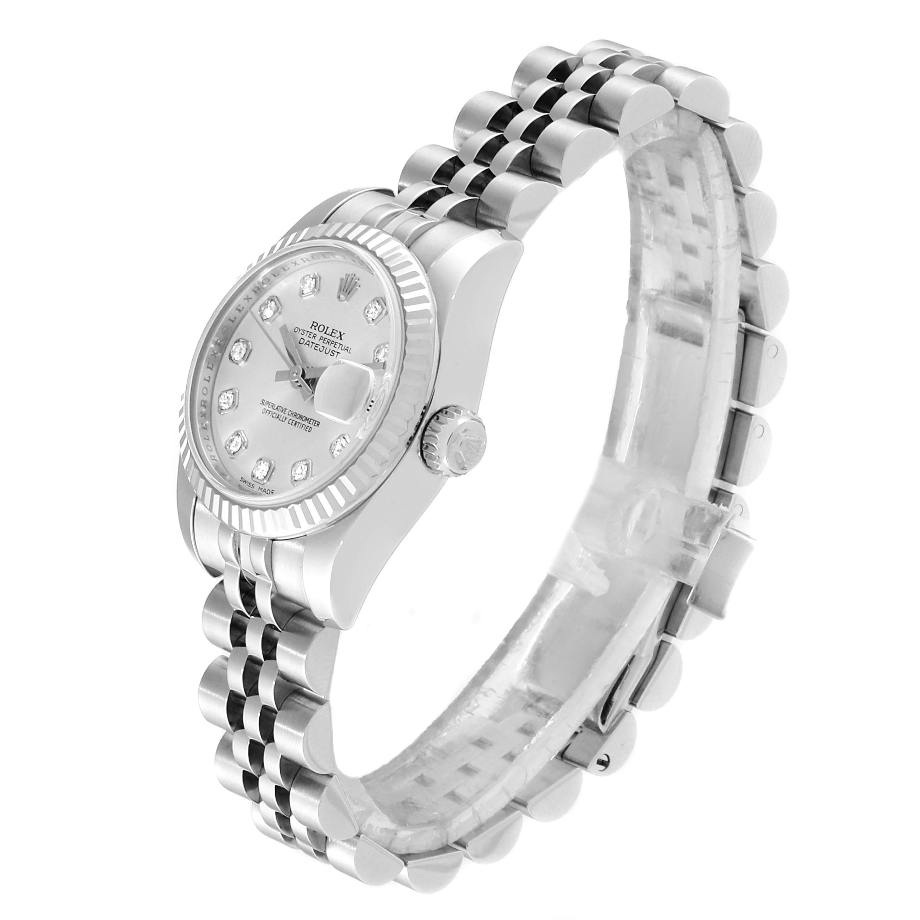 The Rolex Datejust 179174 Women's Stainless Steel Silver Dial 179174 Women's Stainless Steel Silver Dial watch is shown from a side angle, highlighting the dial, bezel, crown, and jubilee bracelet.
