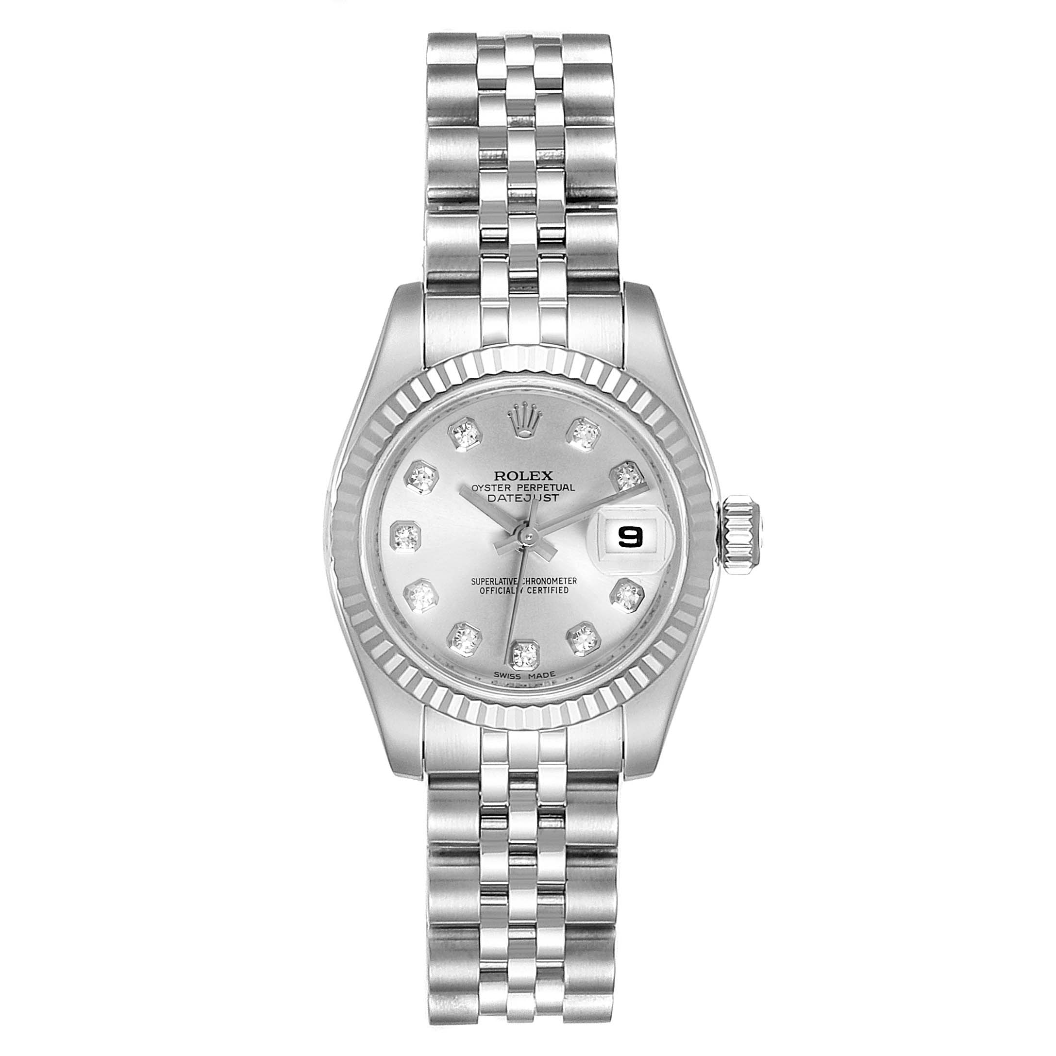 This image shows a Rolex Datejust 179174 Women's Stainless Steel Silver Dial 179174 Women's Stainless Steel Silver Dial watch from the front, detailing the bracelet, bezel, dial with diamond markers, and date window.