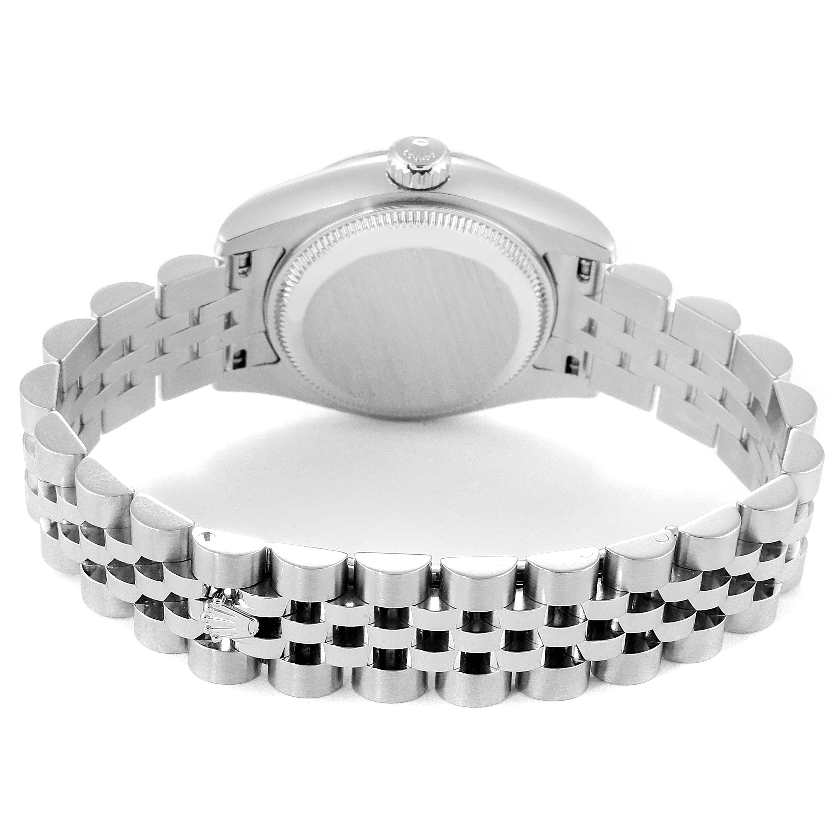 The image shows the back and bracelet of a Rolex Datejust 179174 Women's Stainless Steel Silver Dial 179174 Women's Stainless Steel Silver Dial watch from a rear angle.