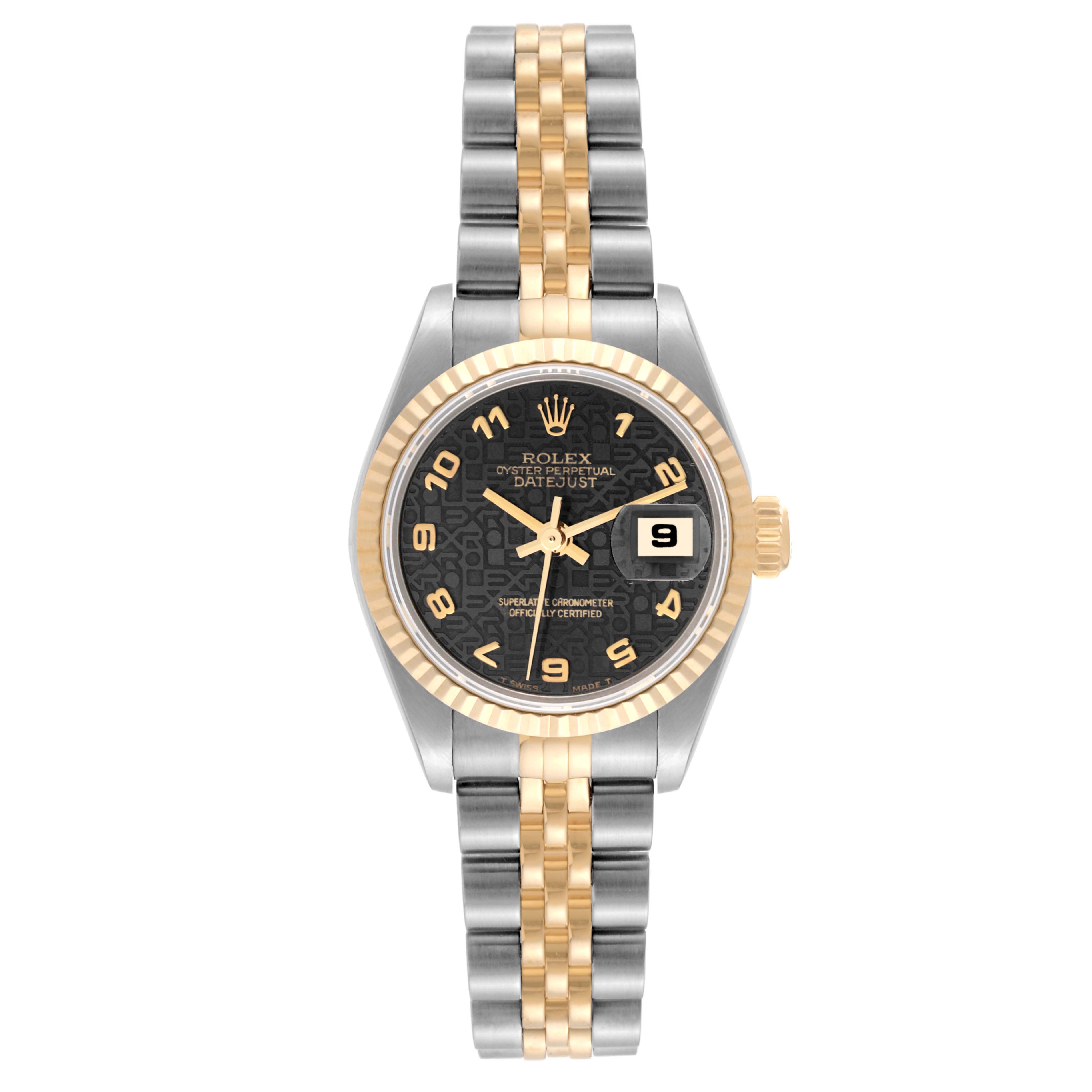 The Rolex Datejust 79173 Women's Steel and Gold (two tone) Black Dial 79173 Women's Steel and Gold (two tone) Black Dial watch is shown from a top-down angle, highlighting its dial, two-tone bracelet, and date window.