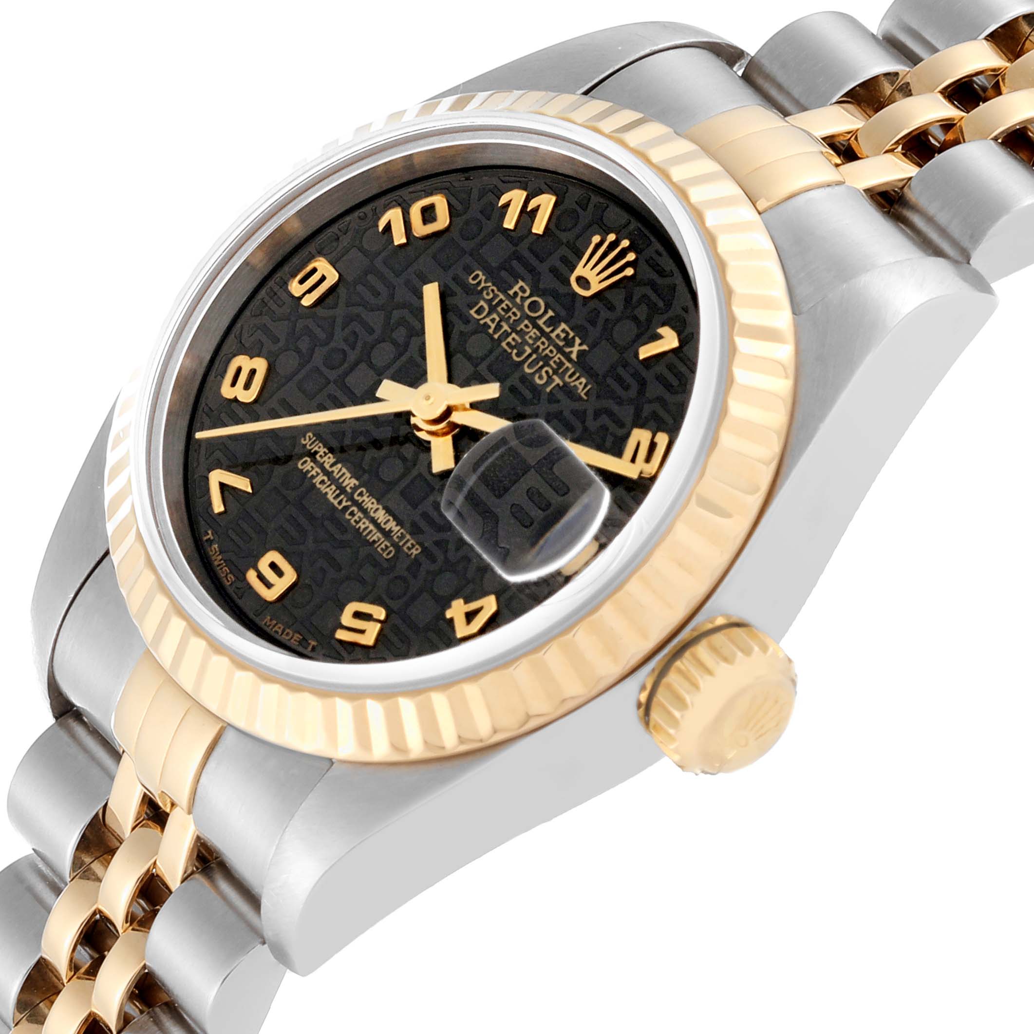 This image shows a close-up angled view of the Rolex Datejust 79173 Women's Steel and Gold (two tone) Black Dial 79173 Women's Steel and Gold (two tone) Black Dial watch, highlighting its dial, bezel, crown, and part of the bracelet.