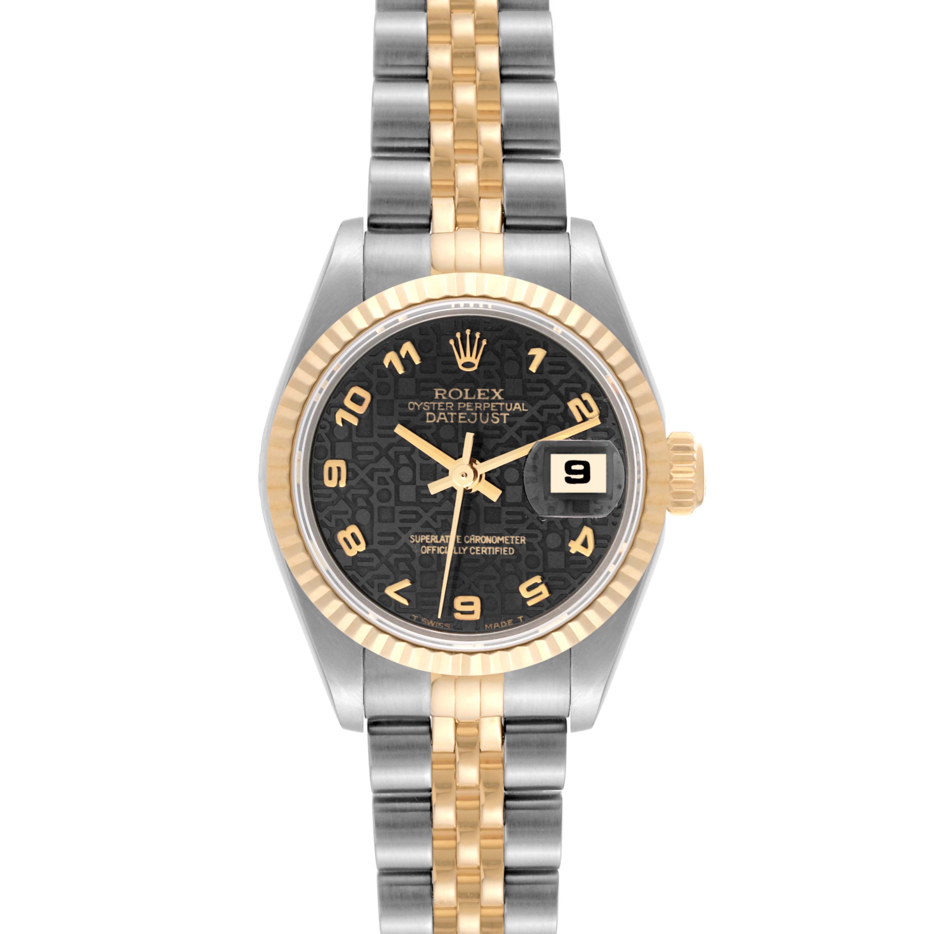 The image shows the Rolex Datejust 79173 Women's Steel and Gold (two tone) Black Dial 79173 Women's Steel and Gold (two tone) Black Dial watch face and the full bracelet viewed from the front.