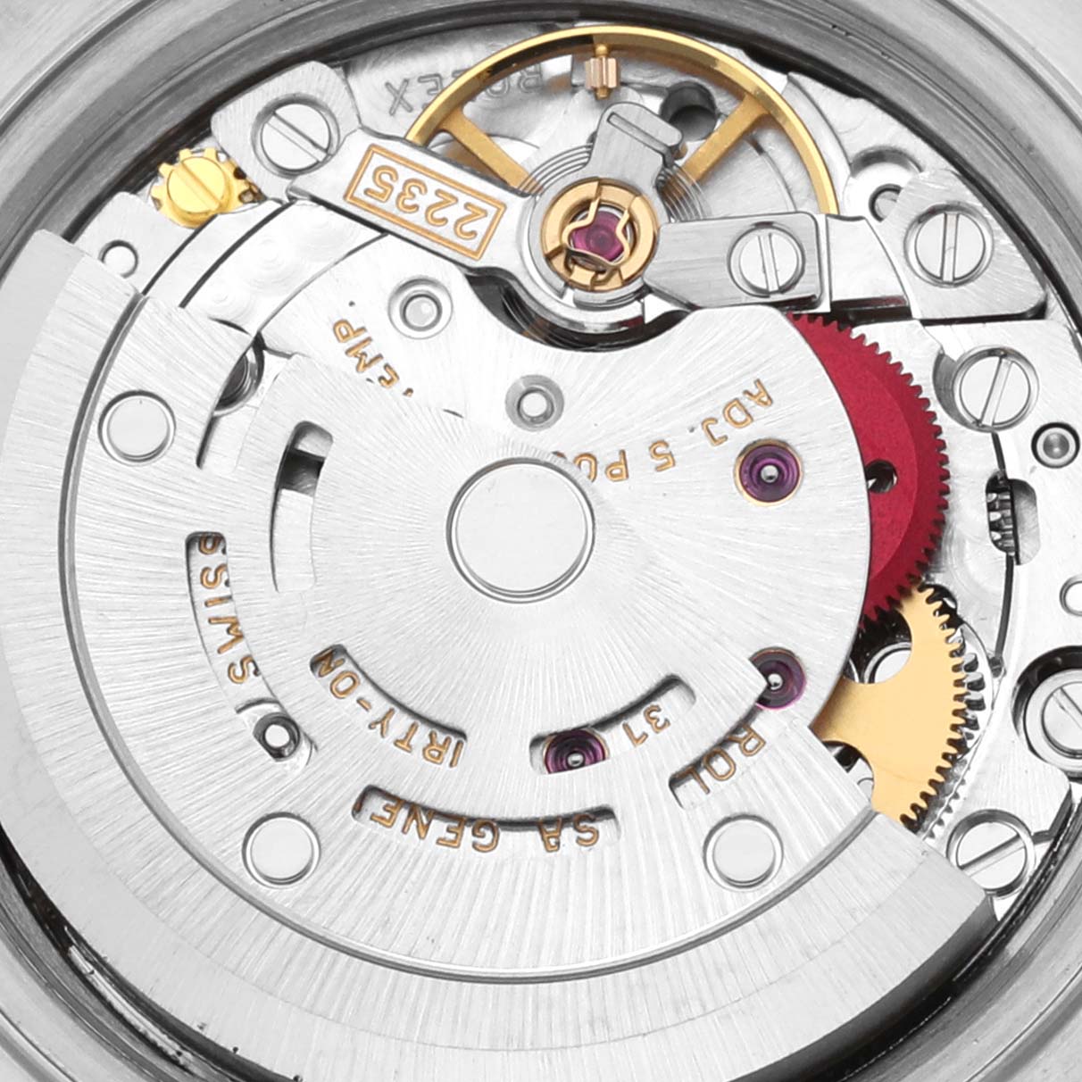 This image shows the inner mechanical movement of a Rolex Datejust 79173 Women's Steel and Gold (two tone) Black Dial 79173 Women's Steel and Gold (two tone) Black Dial watch, viewed from a close-up top angle.