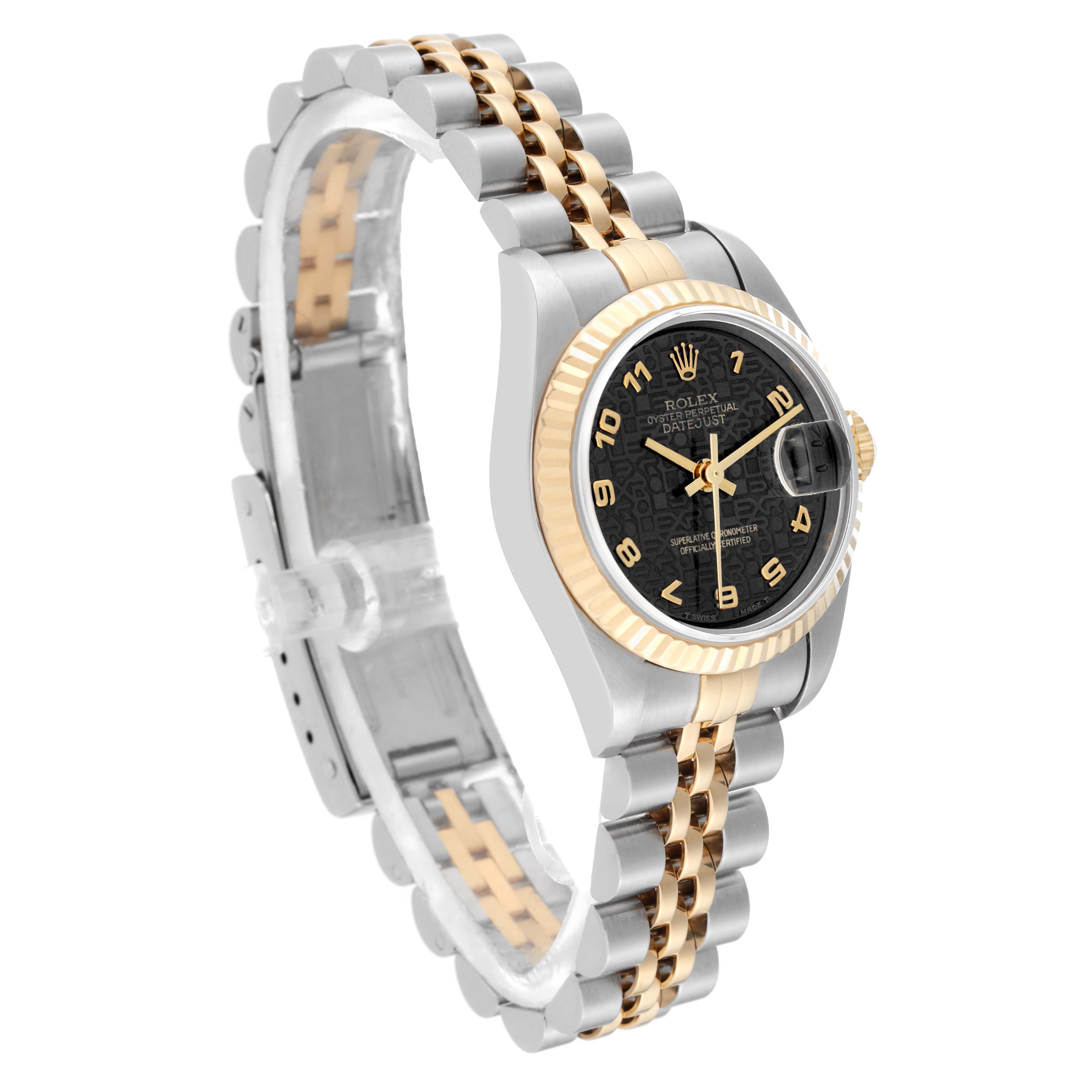 The image shows a side-angle view of a Rolex Datejust 79173 Women's Steel and Gold (two tone) Black Dial 79173 Women's Steel and Gold (two tone) Black Dial watch, highlighting the case, bracelet, bezel, and dial.