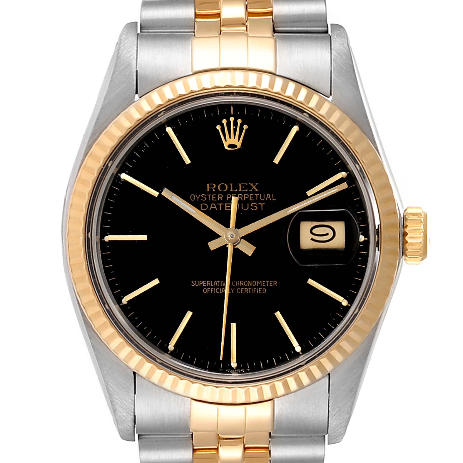 This image shows a frontal view of the Rolex Datejust 27465 Men
s Steel and Gold (two tone) Black Dial 27465 Men
s Steel and Gold (two tone) Black Dial watch, featuring the dial, bezel, and part of the bracelet.
