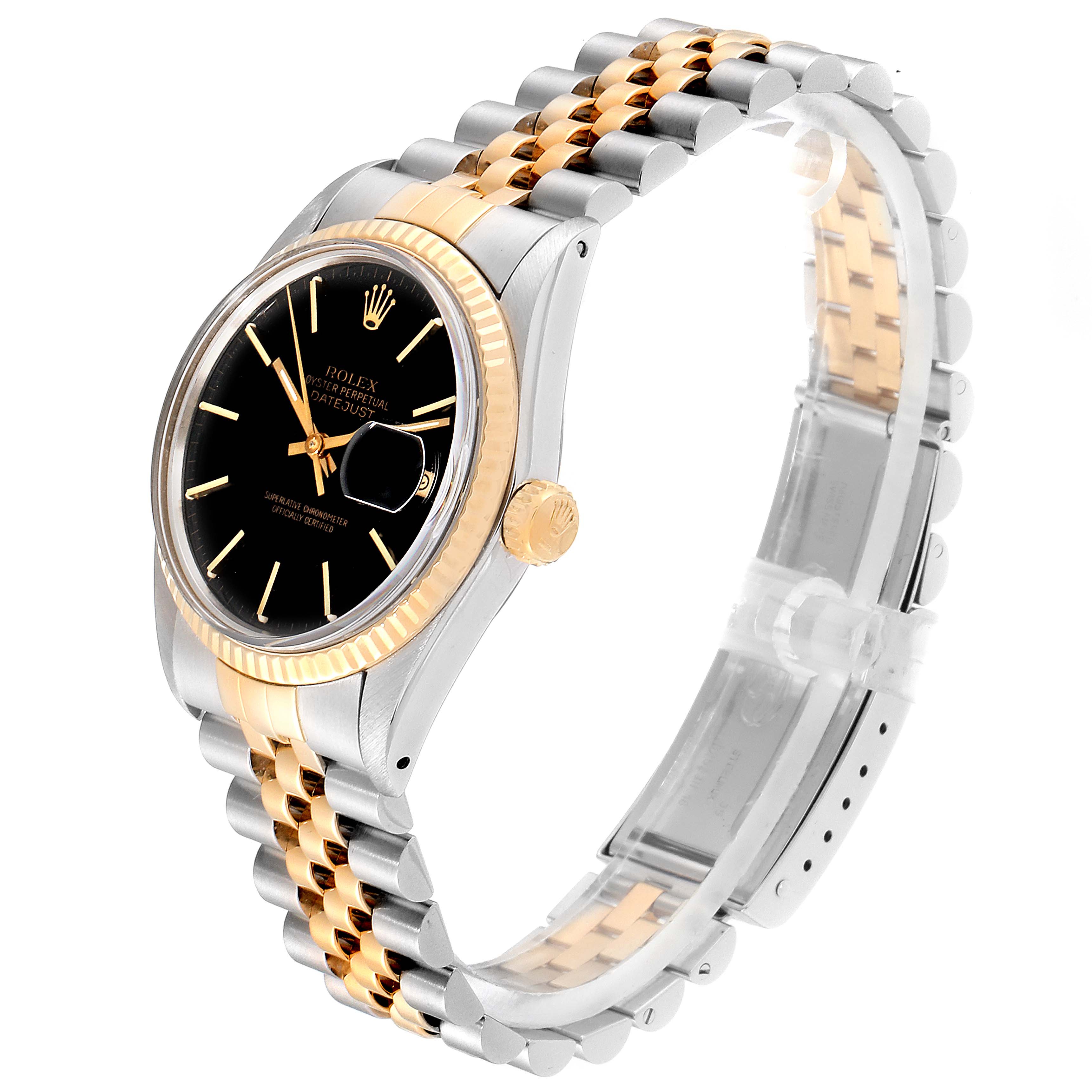 The image shows a side-angle view of the Rolex Datejust 27465 Men
s Steel and Gold (two tone) Black Dial 27465 Men
s Steel and Gold (two tone) Black Dial watch, highlighting its black dial, bracelet, bezel, and crown.