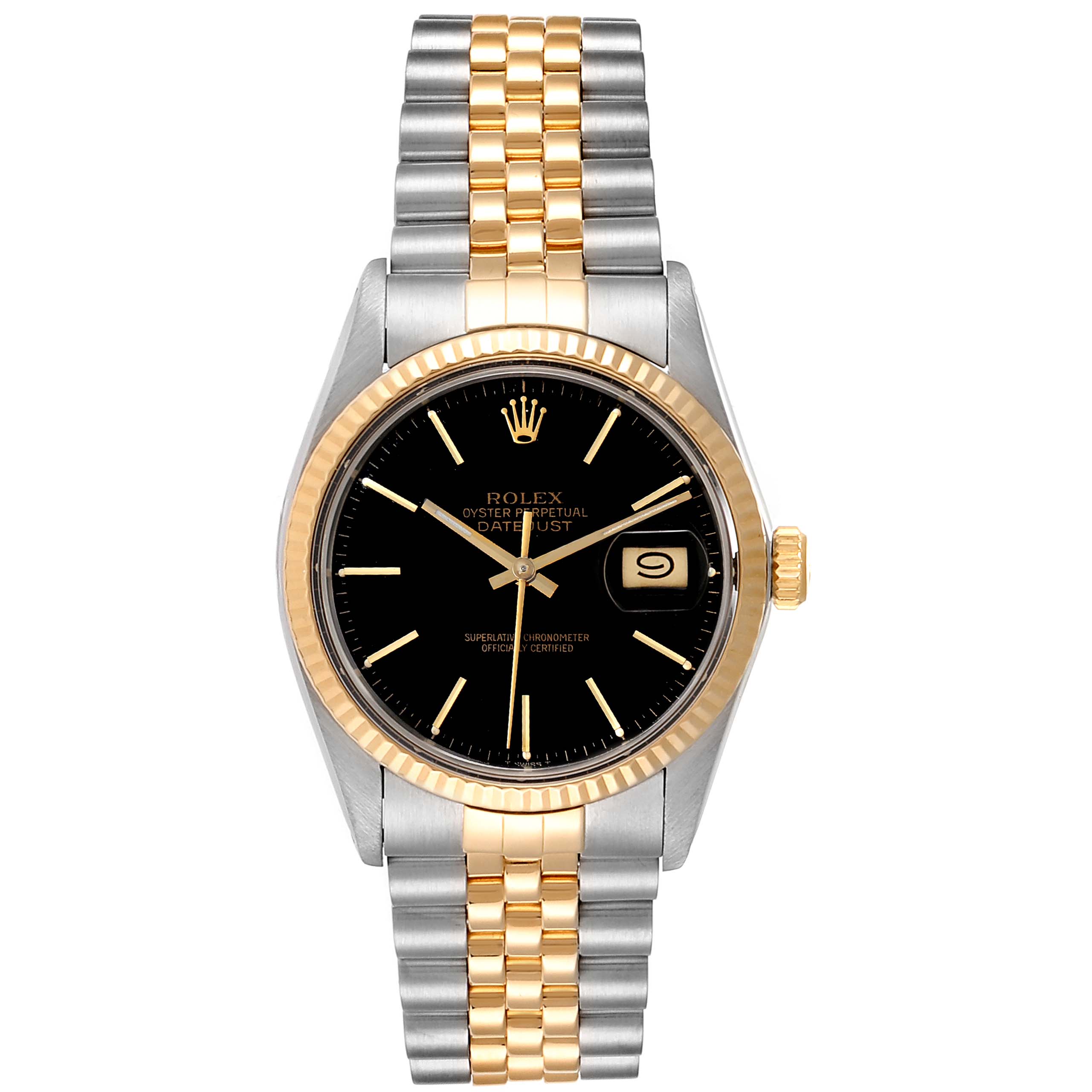 The image shows a front view of a Rolex Datejust 27465 Men
s Steel and Gold (two tone) Black Dial 27465 Men
s Steel and Gold (two tone) Black Dial watch with a black dial and two-tone metal strap.